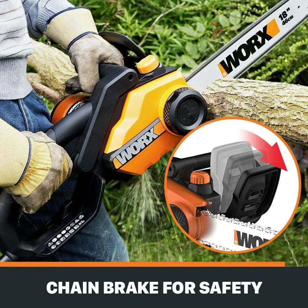 Worx WG304.2 18in 15 Amp Electric Chainsaw with Auto-Tension, Chain Brake