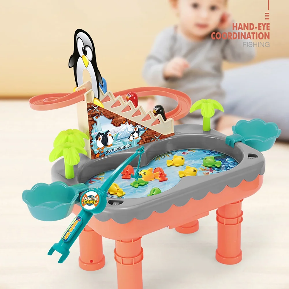 Toddler Toys Baby Toys Kid Toys Fishing Table ToysElectric Water Table for Kid 1-6 – Penguin Stair Climbing Magnetic Fishing Toy Pool Set