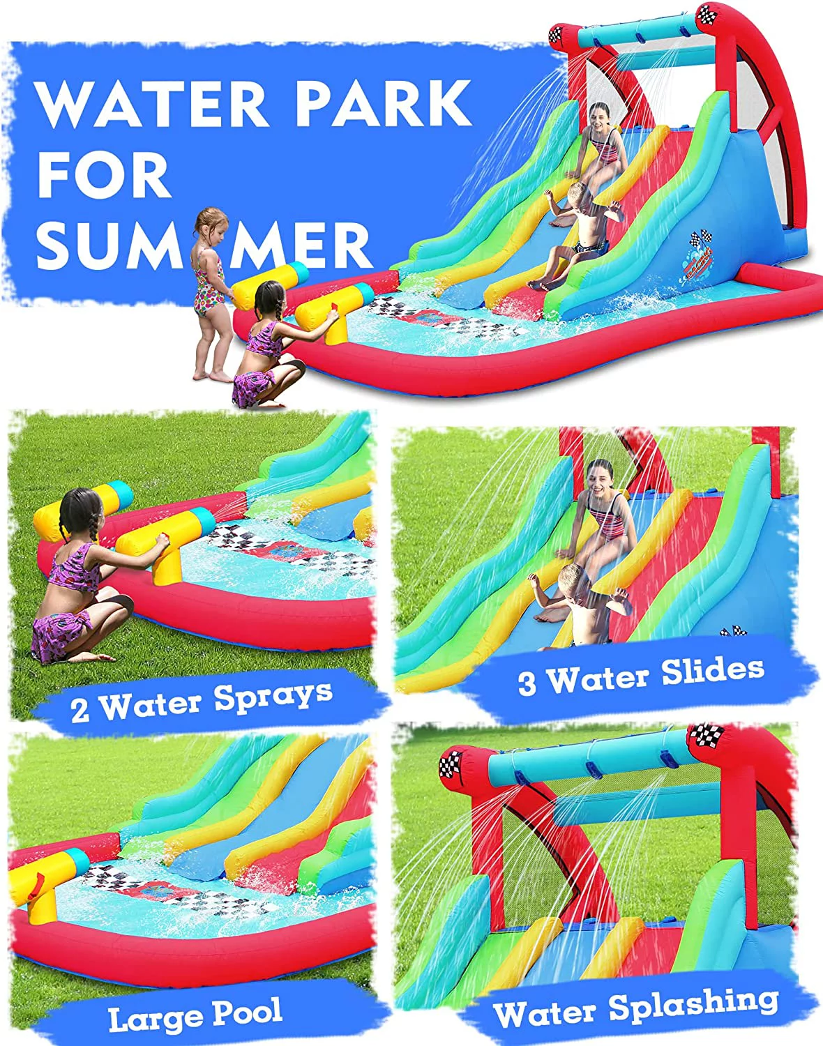 Action Air Inflatable Water Slide, Fun Triple Waterslides with Climbing Wall, Pool with 2 Water Sprays, Bounce House for Kids Backyard