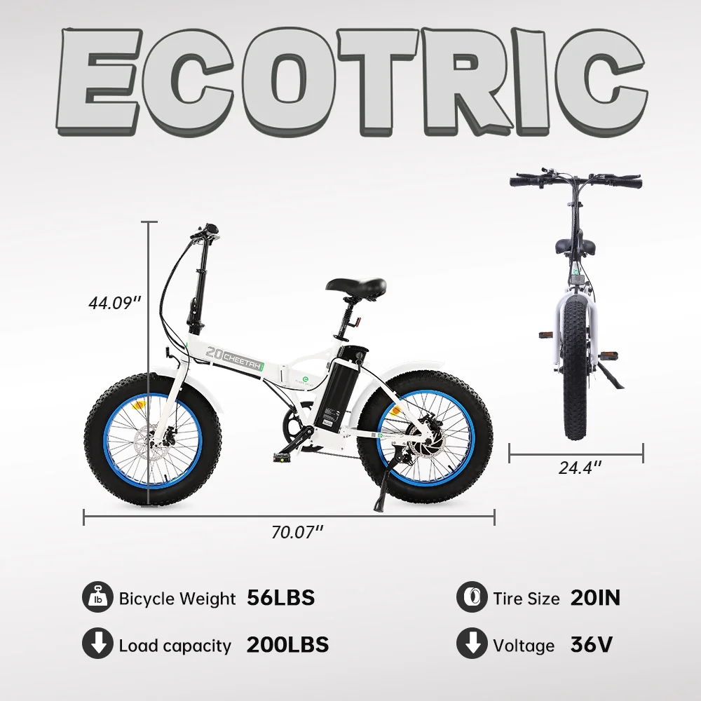 Ecotric 20″ x 4.0 Fat Tire Folding Electric Bicycle 20MPH 810 LED Display Removable Lithium-Ion Battery Mountain Beach Snow E-Bike Moped White and Blue Rim A-E516646