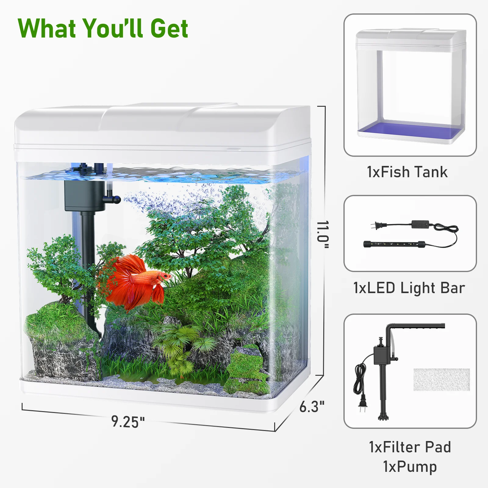 PONDON Fish Tank, 1.7 Gallon Glass Aquarium with Air Pump & LED Light & Filter, Small Fish Tank for Betta Fish Starter Kit (White)