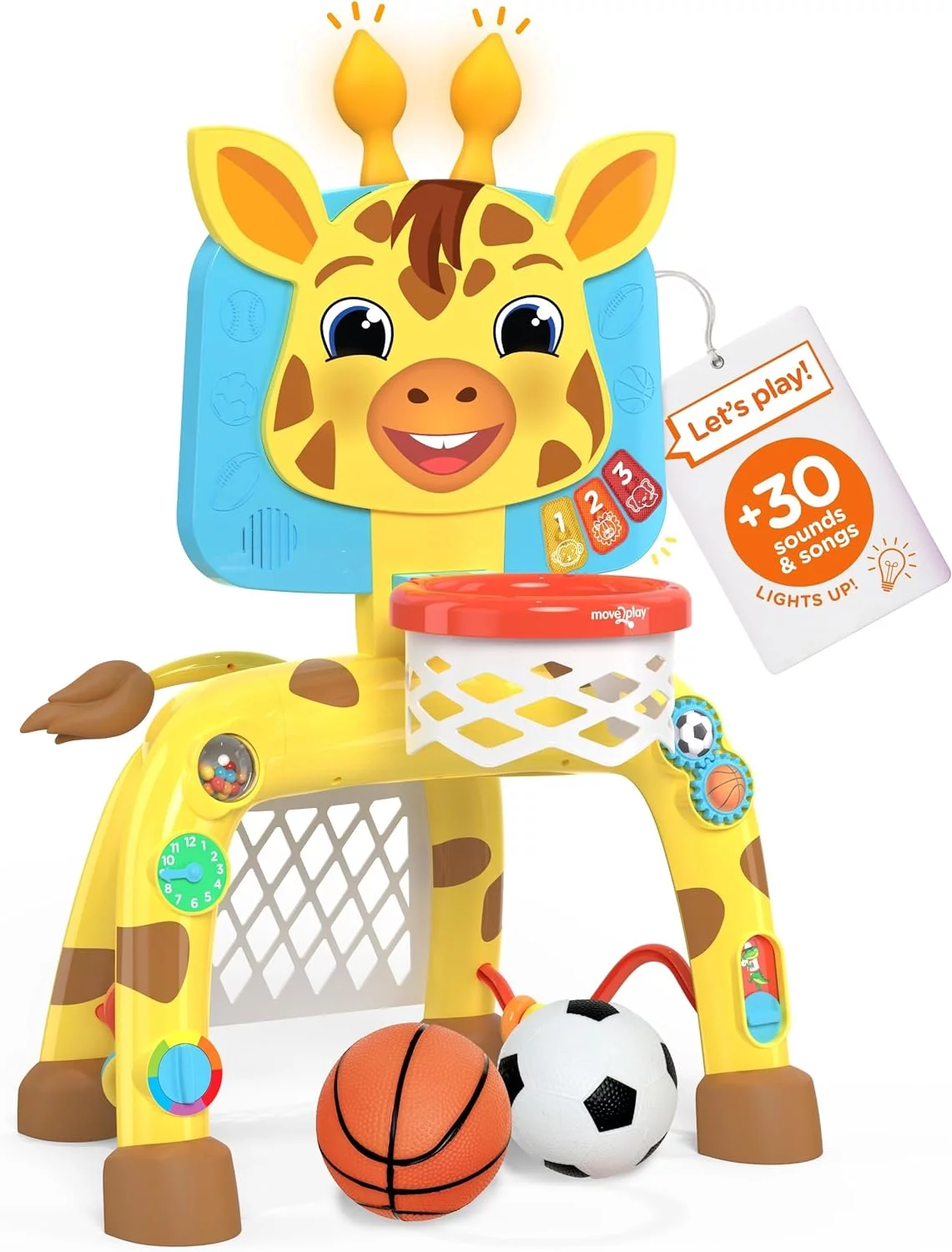 Move2play, Giraffe Basketball Hoop & Soccer Goal Activity Center | 30+ Sounds & Songs + 5 Lights | 1 2 3 Year Old Birthday Gift for Boys and Girls | Toy for Baby & Toddlers