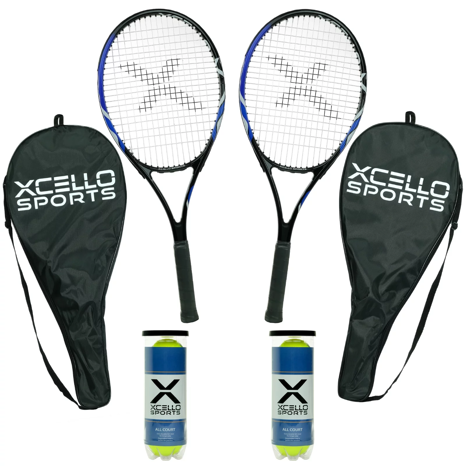 Xcello Sports 2-Player Aluminum Tennis Racket Set for Adult – Includes Two 23″ Tennis Rackets, Six All Court Balls, and Two Carry Cases – Blue/Black