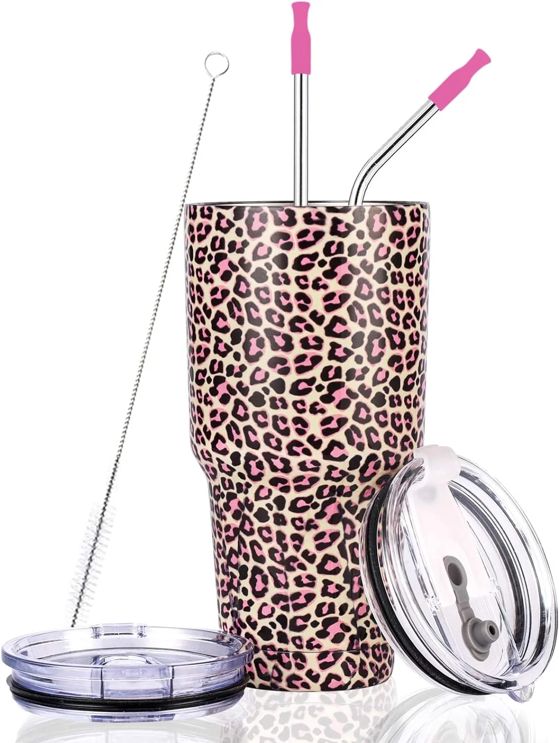 30oz Tumbler Pink Leopard Insulated 30 OZ Metal Tumblers Cheetah Cup with Straws and Lid for Cold Hot Drinks