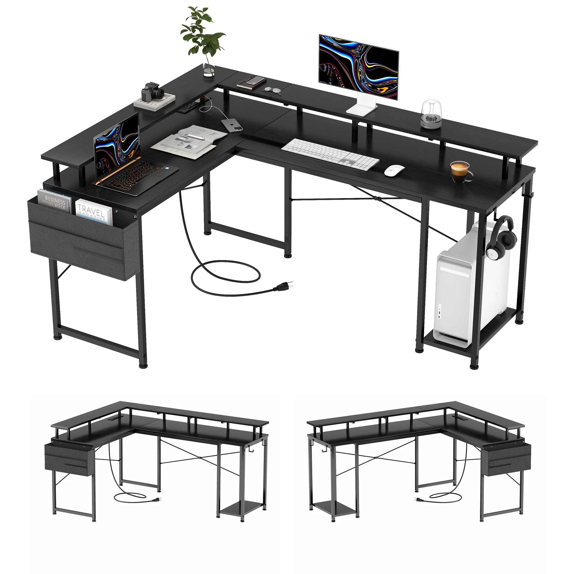 GIKPAL 95?? L-Shaped Computer Desk with LED Light Gaming Desk with Power Outlet, Home Office Desk with Monitor Stand, Storage Shelf and Storage Bag Corner Desk, Black