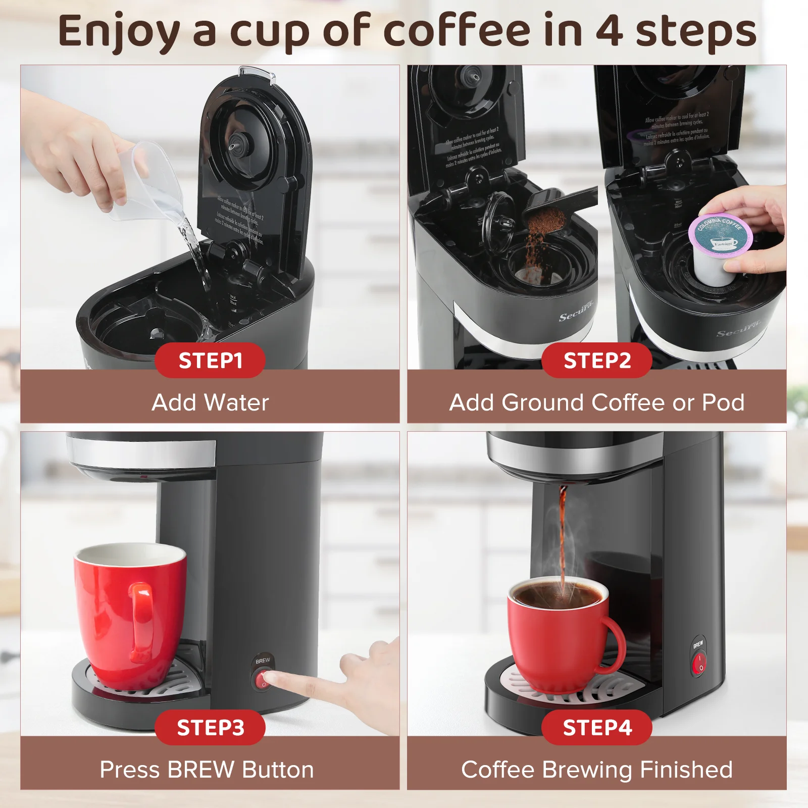 Secura Single Serve Coffee Maker for K Cup One Cup Coffee Maker with Ground Coffee Basket 12 Oz. Brew Size Pod Coffee Maker Capsule Coffee Machine for Travel Cup Stainless Steel