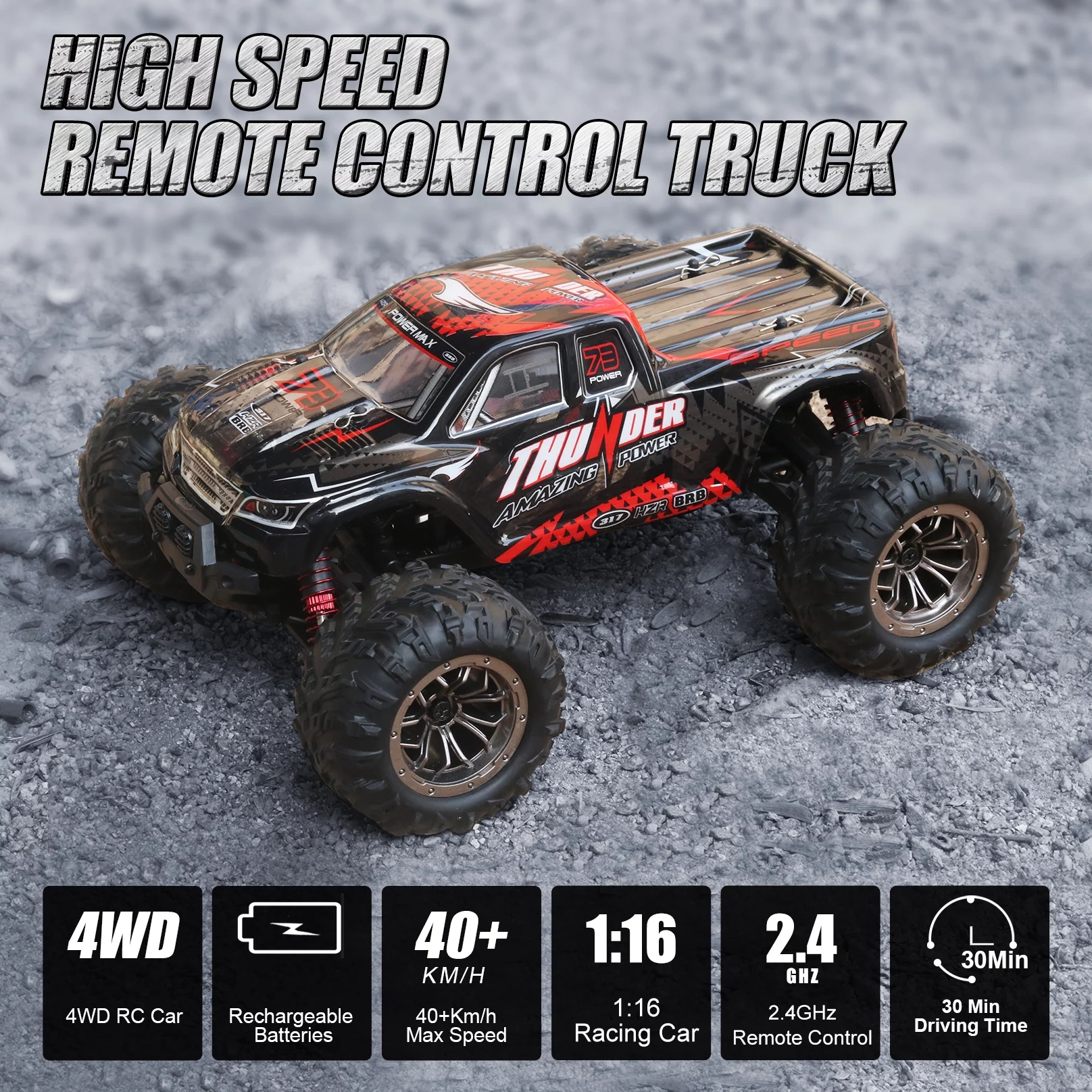 Hot Bee Remote Control Car 1:16 RC Cars 40+km/h 4WD Off Road Monster Truck with Lights Gift for Boys Kids and Adults