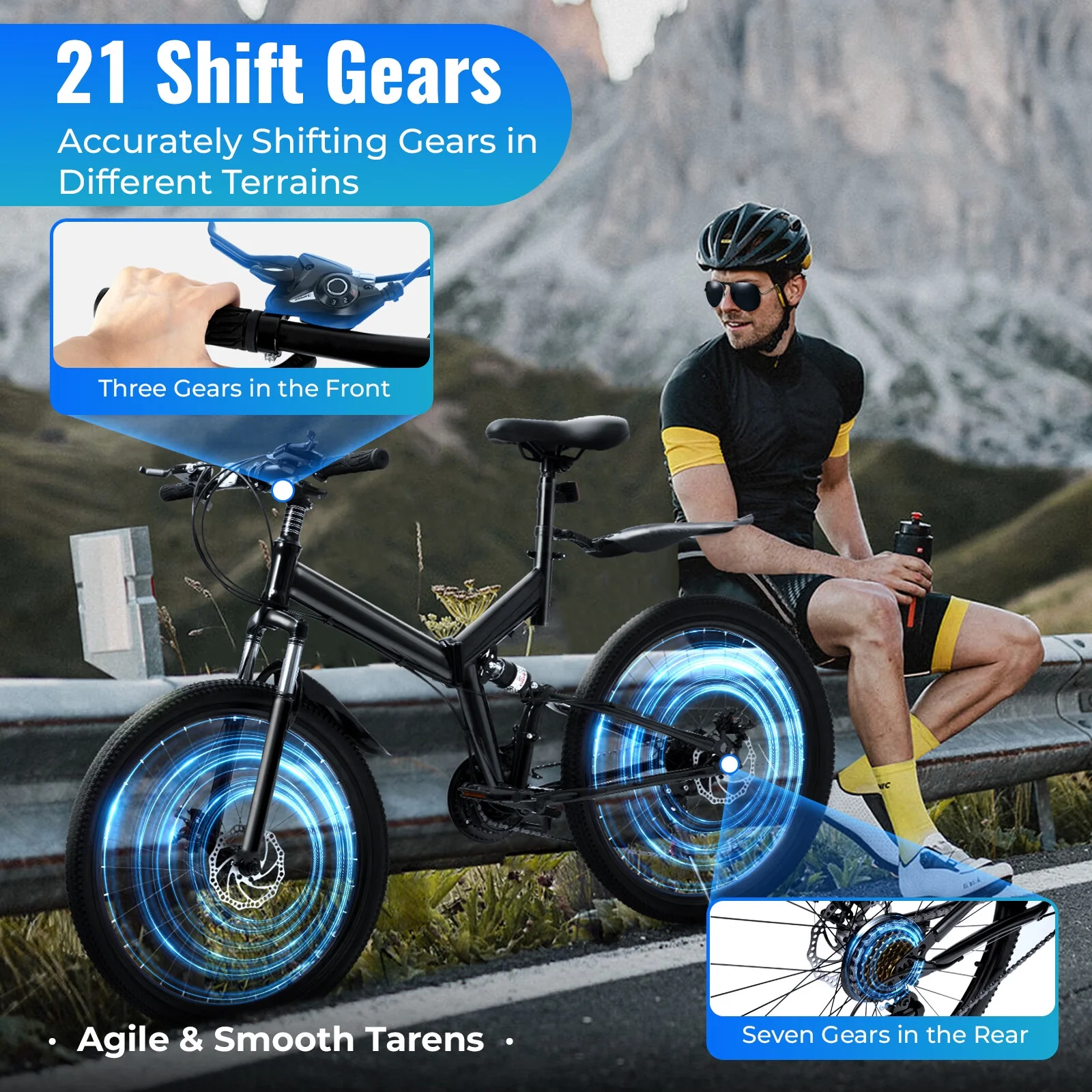 Aiqidi 26 Inch 21 Speed Folding Mountain Bike Full Suspension Dual Disc Brakes Bicycle Unisex Adult Bicycle Black