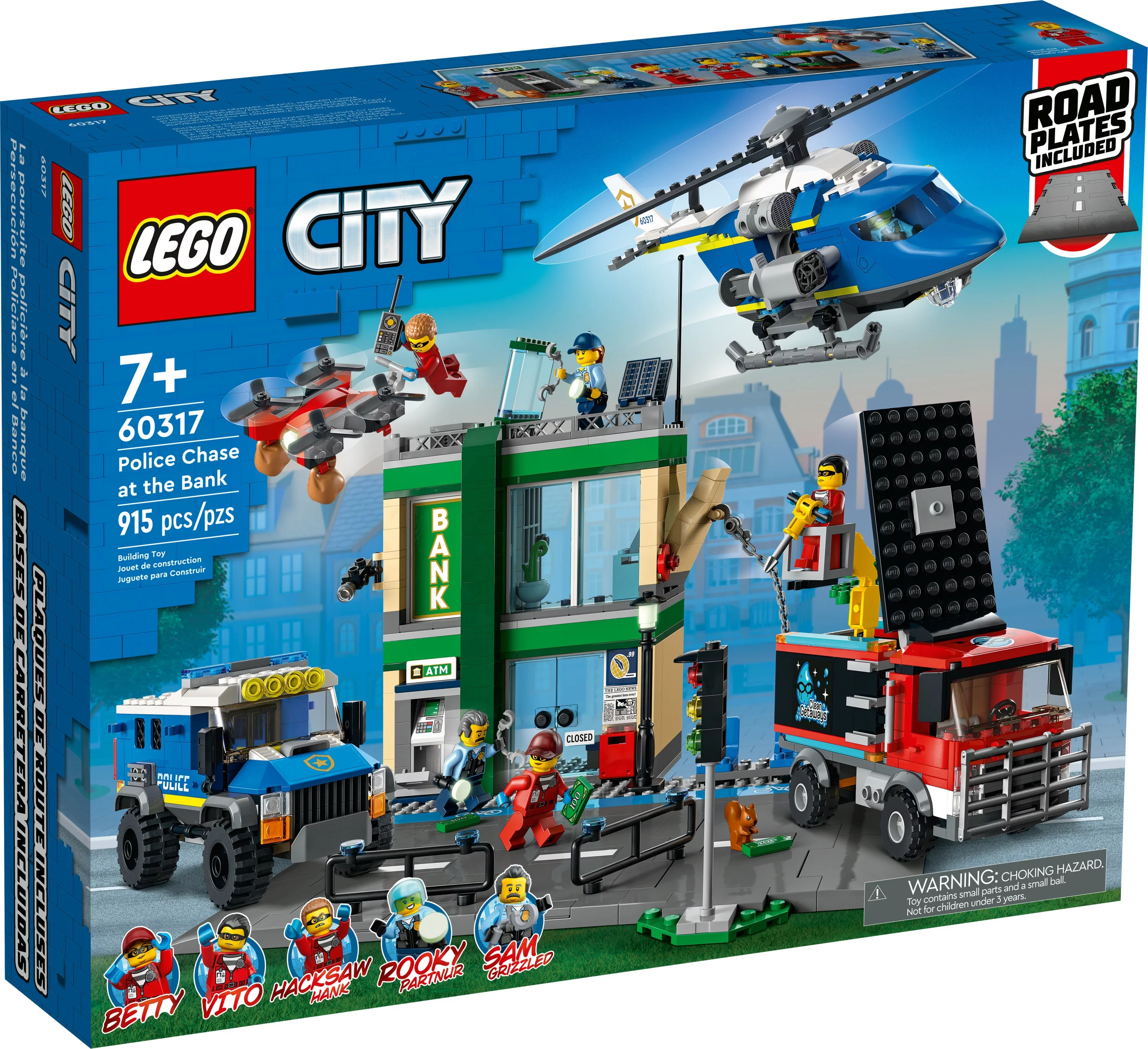 LEGO City Police Chase 60317 Bank with Helicopter, Drone and 2 Truck Toys for Kids 7 Plus Years Old, 2022 Adventures Series Building Sets