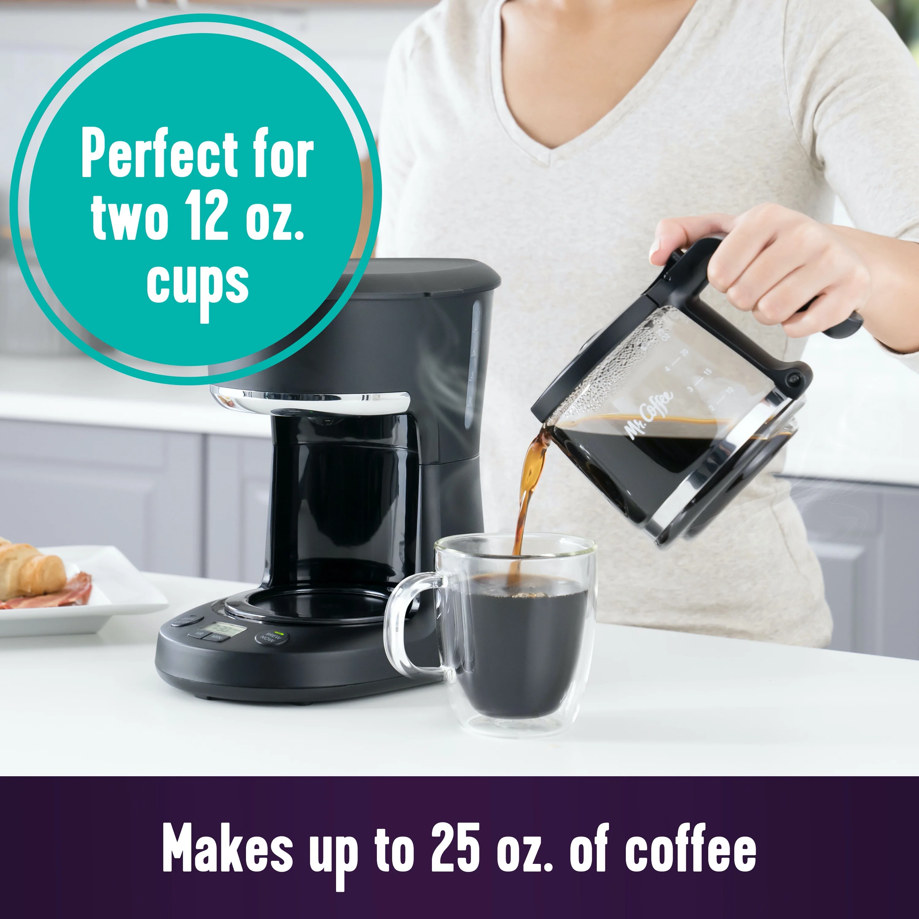 Mr. Coffee 5-Cup Programmable Coffee Maker, 25 oz. Mini Brew, Brew Now or Later, Black & Chrome