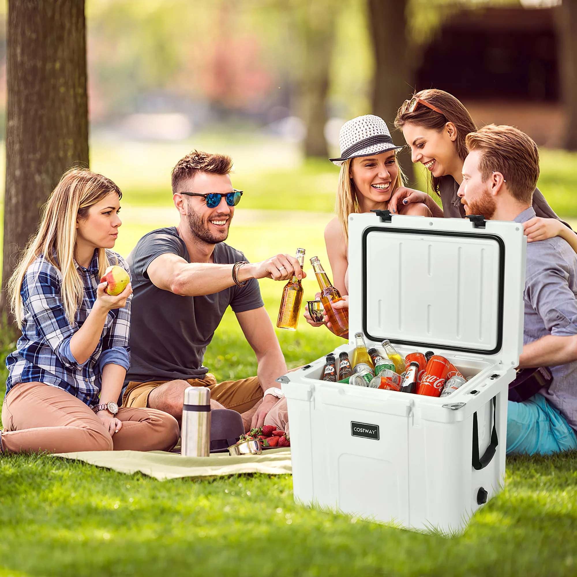 Costway 55 Quart Cooler Portable Ice Chest w/ Cutting Board Basket for Camping White