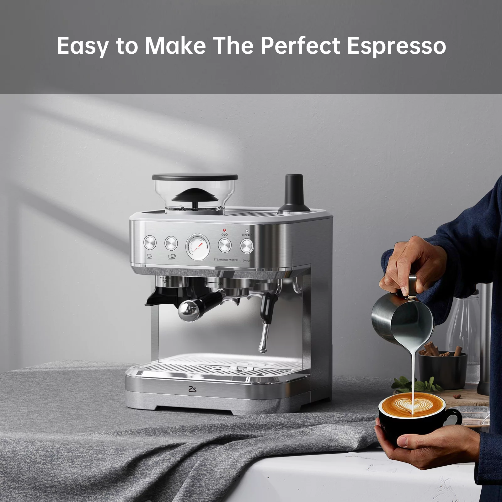 Zstar Express Espresso Machine, 15 Bar Espresso Coffee Machine Latte and Cappuccino Coffee Maker All in One Espresso Machine For Home Barista, Brushed Stainless Steel