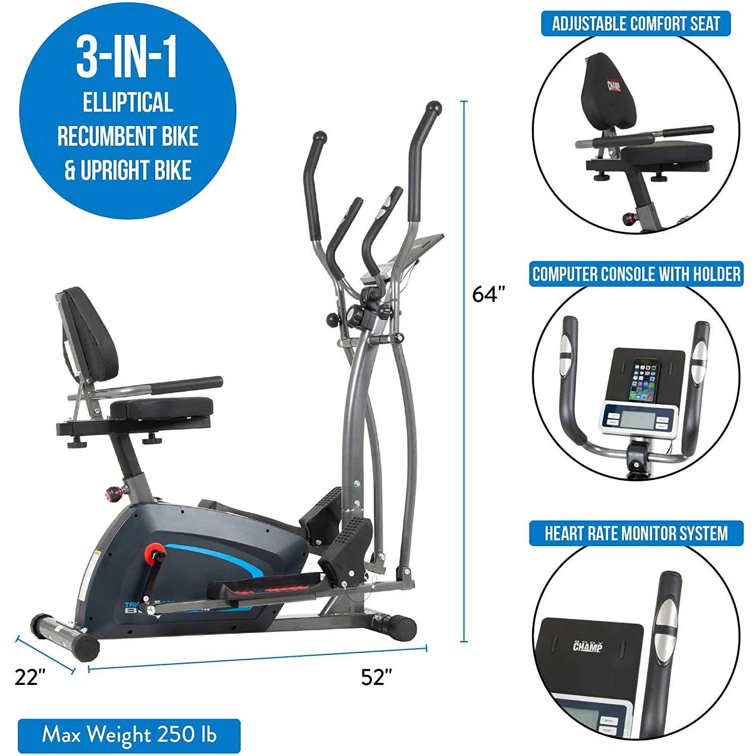 Body Champ BRT1875 3-in-1 Elliptical Trainer, Magnetic Resistance, Heart Rate, Max. 250 lbs