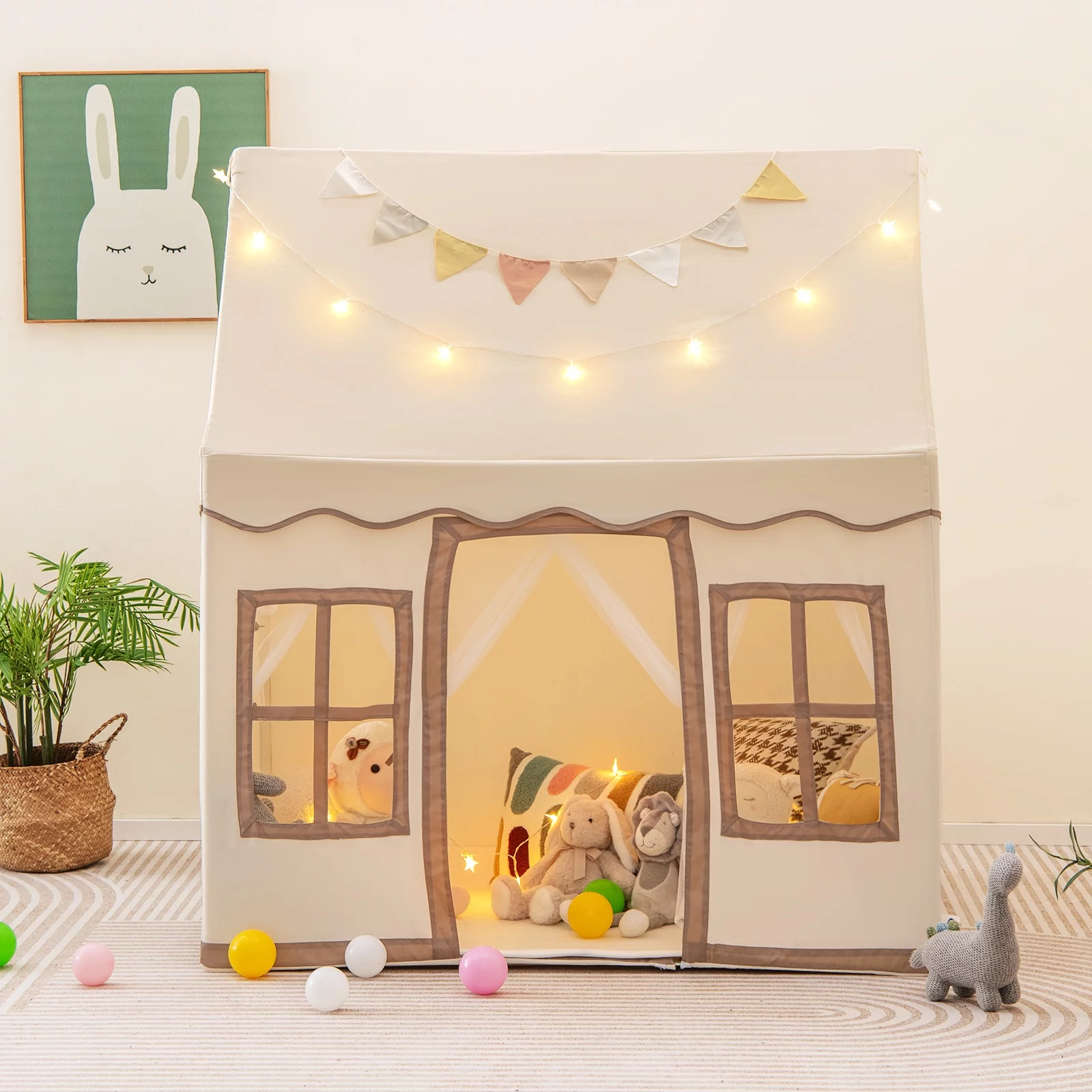 Costway Kids Play Castle Tent Large Playhouse Toys Gifts with Star Lights Washable Mat Beige