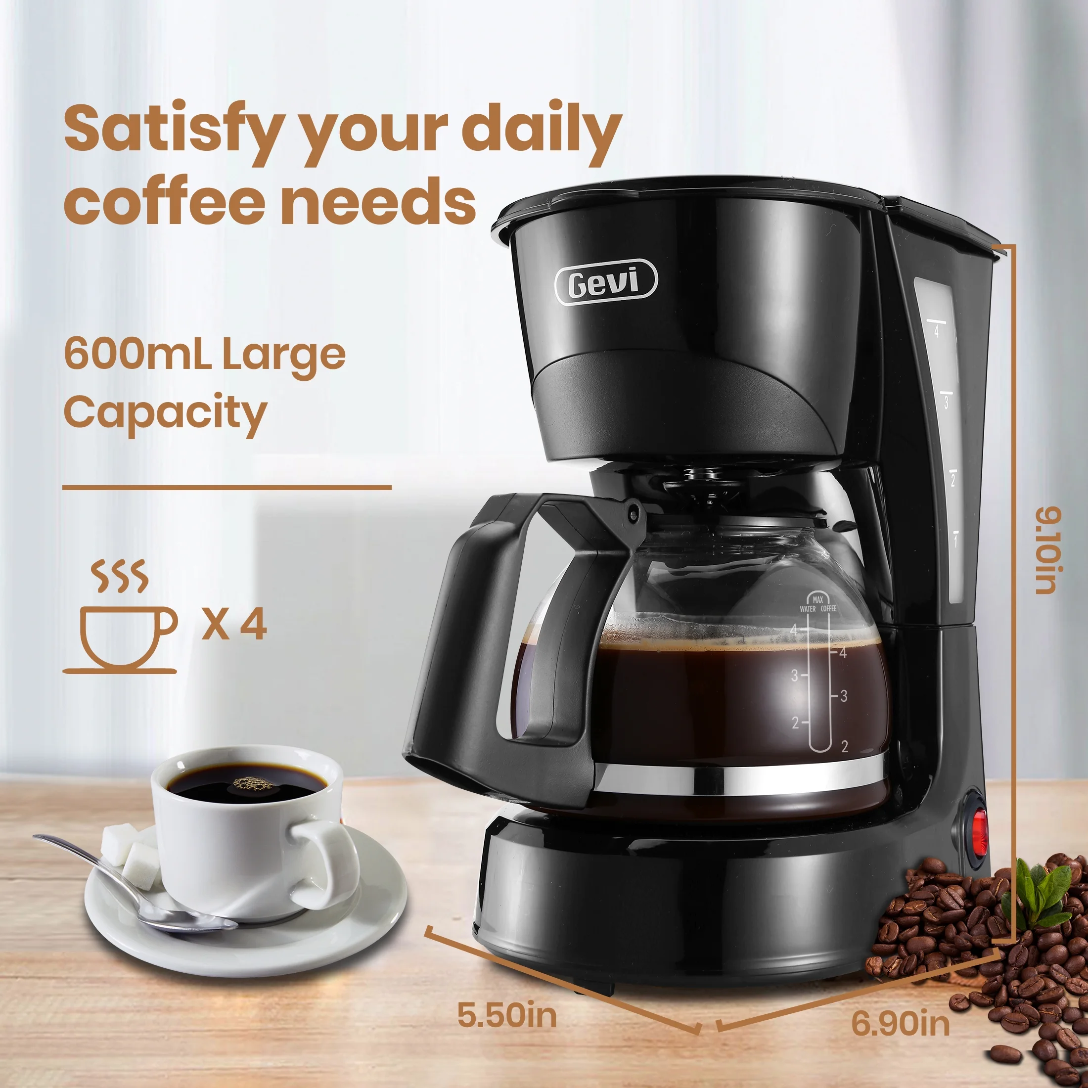 Gevi 4 Cup Automatic Drip Coffee Maker with Reusable Filter, One Button Control New Condition, 600mL, Black