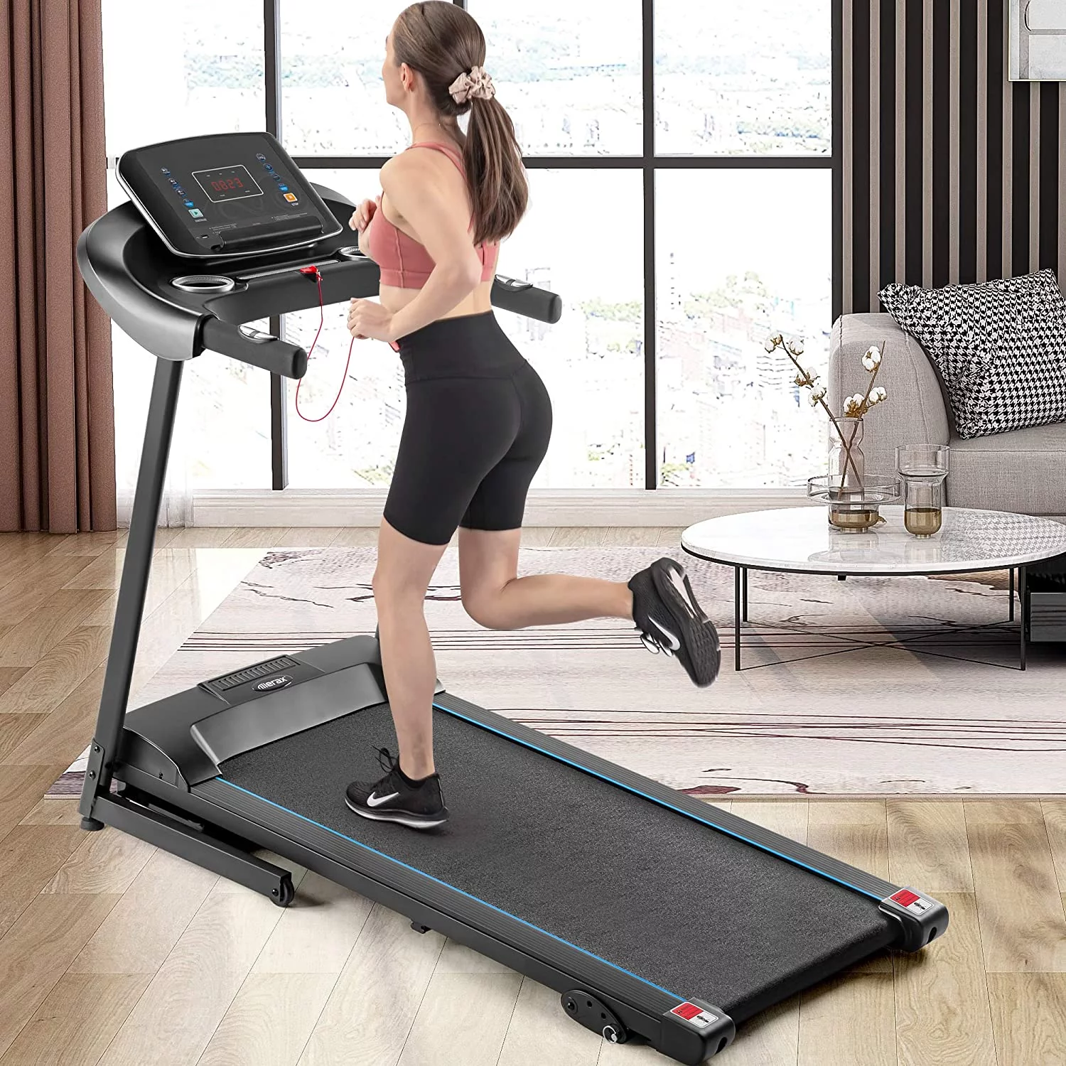 Folding Middle Treadmill for Home, 2.5HP Electric Motorized Running Machine with 10MPH Speed, Large Running Surface, 12 Programs, Speakers, Incline, LCD and Pulse Monitor for Running Walking