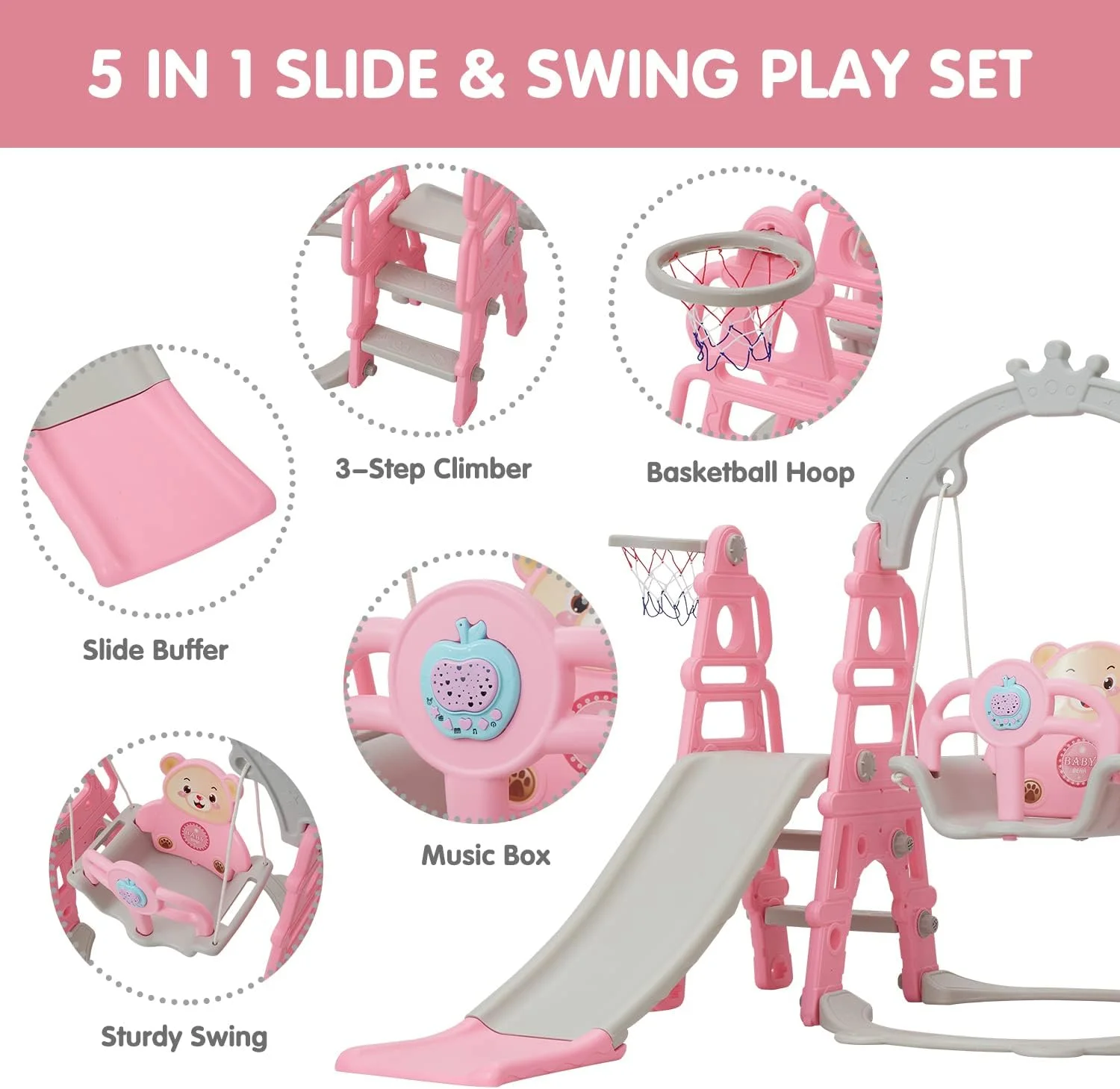 Kinbor 5 in 1 Toddler Slide Swing Set, Climber Slide Playground Baby Playset for Indoor & Outdoor with Basketball Hoop, Extra Long Slide & Easy Climb Stairs, Blue