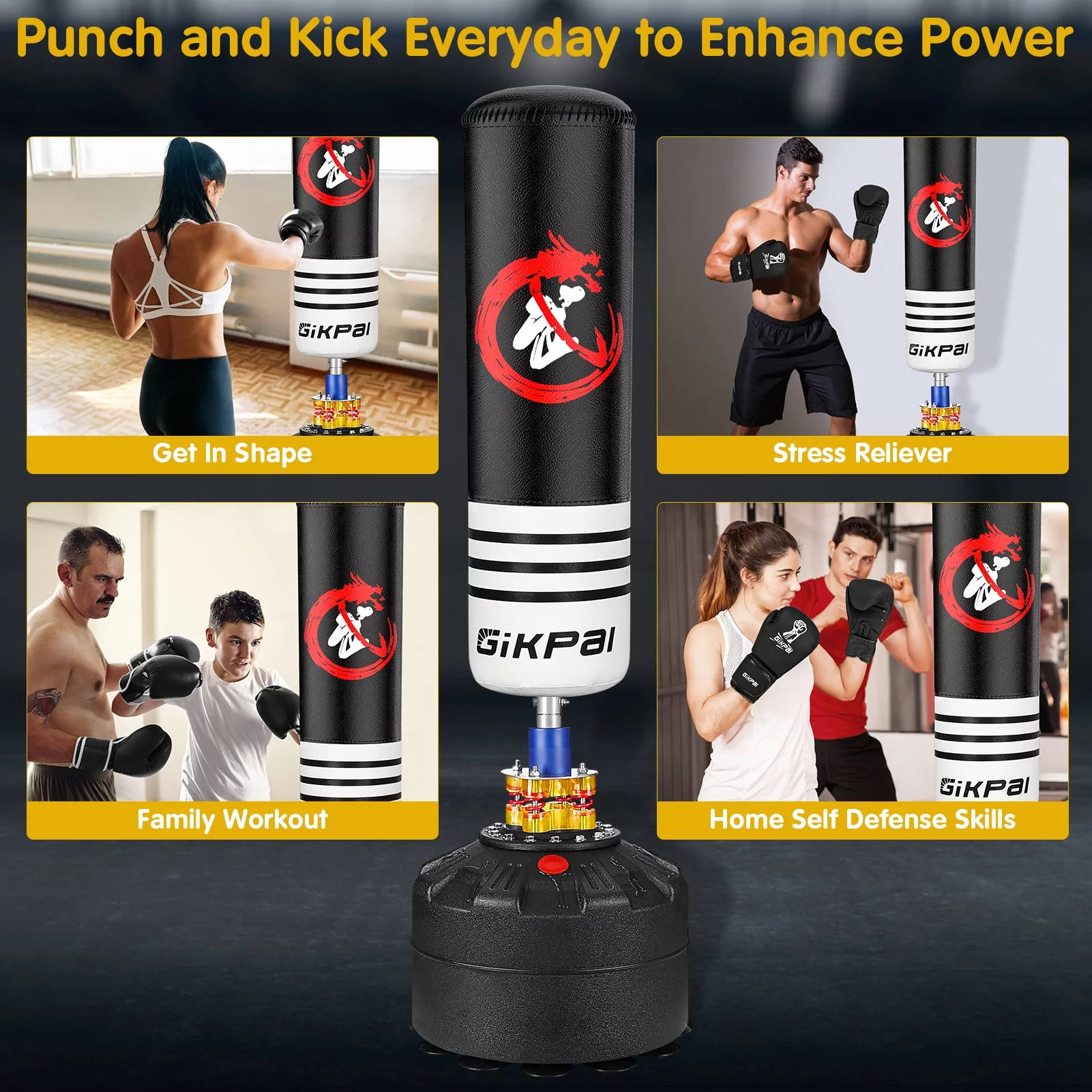 GIKPAL Freestanding Punching Bag 69” – 182lbs with Stand, Heavy Boxing Bag with Suction Cup Base for Adult Youth Kids Stand Kickboxing Bag, Black