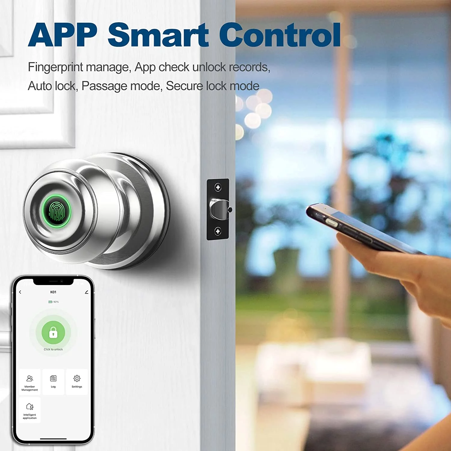 GEEKSMART Smart Door Lock, Fingerprint Door Lock Smart Lock Biometric Door Lock Fingerprint Door Knob with App Control, Suitable for Bedrooms,Cloakroom,Apartments Offices,Hotels, Black