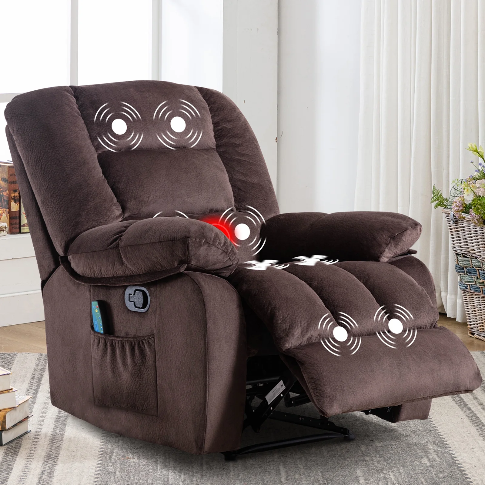 Bonzy Home Recliner Chairs with Massage and Heat Overstuffed Fabric Manual Recliners for Living Room, Gray