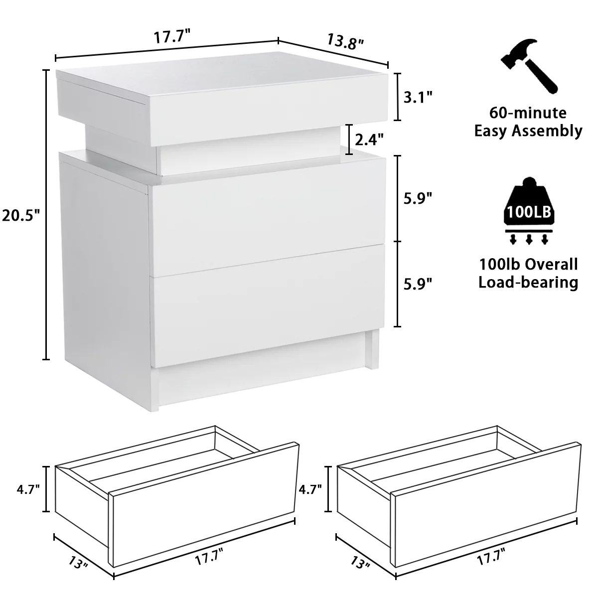 Hommpa 2 Drawer Modern Nightstand with RGB LED Light High Gloss Bedside Tables for Bedroom White