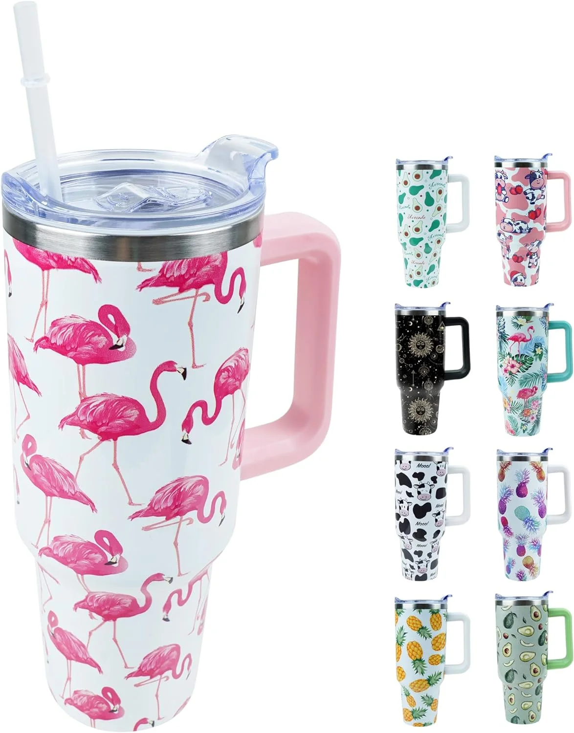 40 oz Tumbler with Handle and Straw, Stainless Steel Insulated Cup with Leak Proof Lid and Straw Lid, Keep Drinks Cold and Hot for Hours(Flamingo)