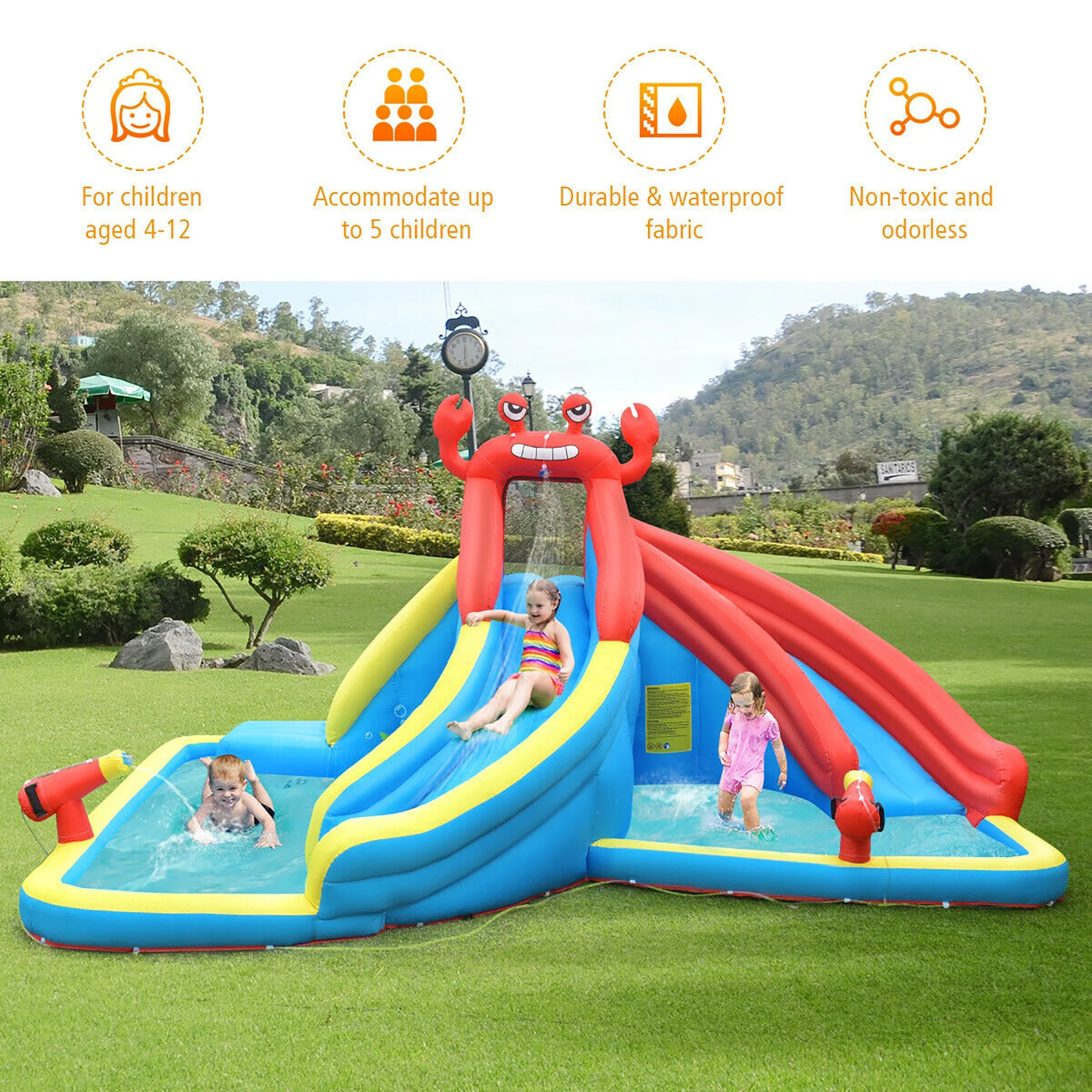 Costway Inflatable Water Slide Crab Dual Slide Bounce House Splash Pool W/ 950W Blower