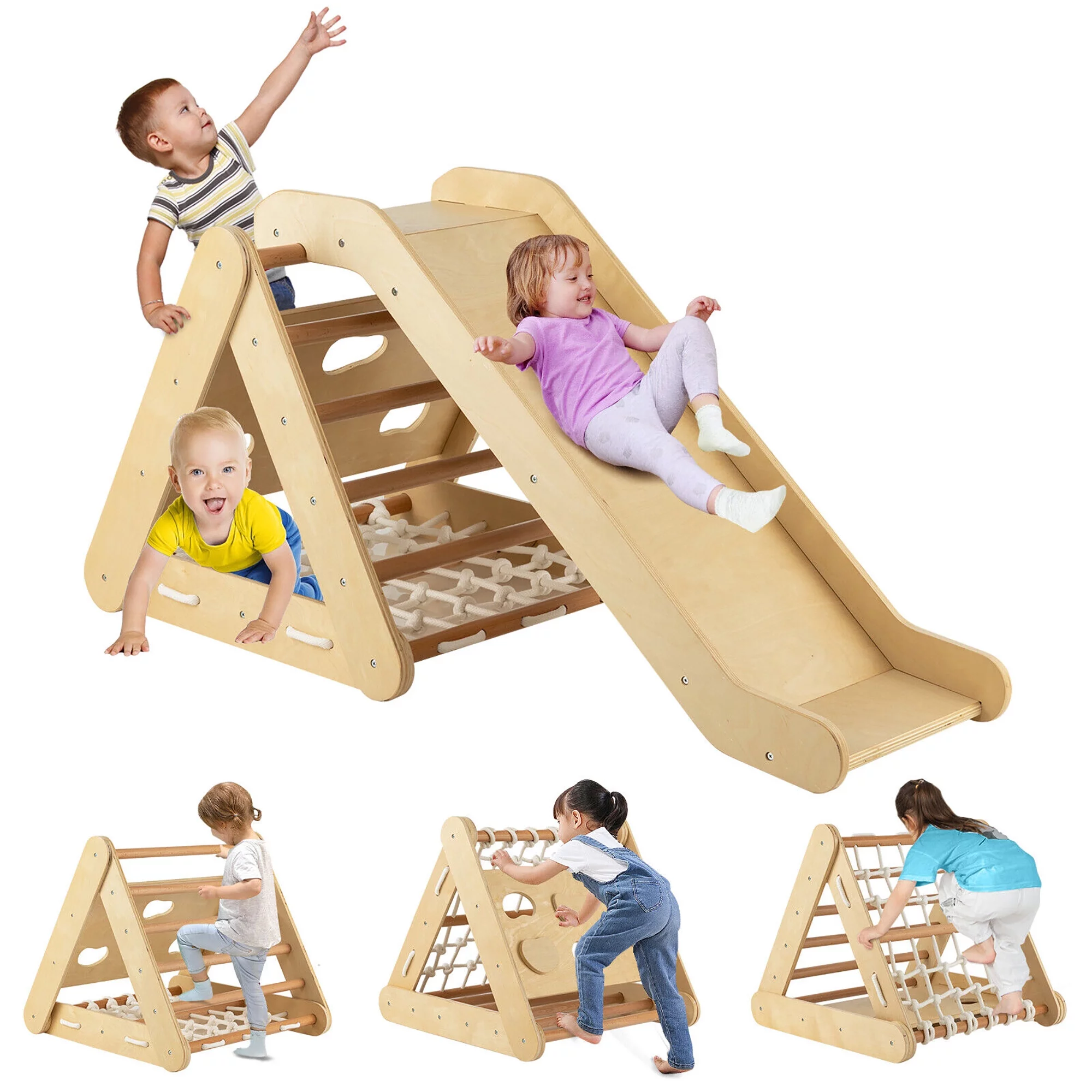 Gymax 4 in 1 Wooden Climbing Triangle Set Triangle Climber w/ Ramp Natural