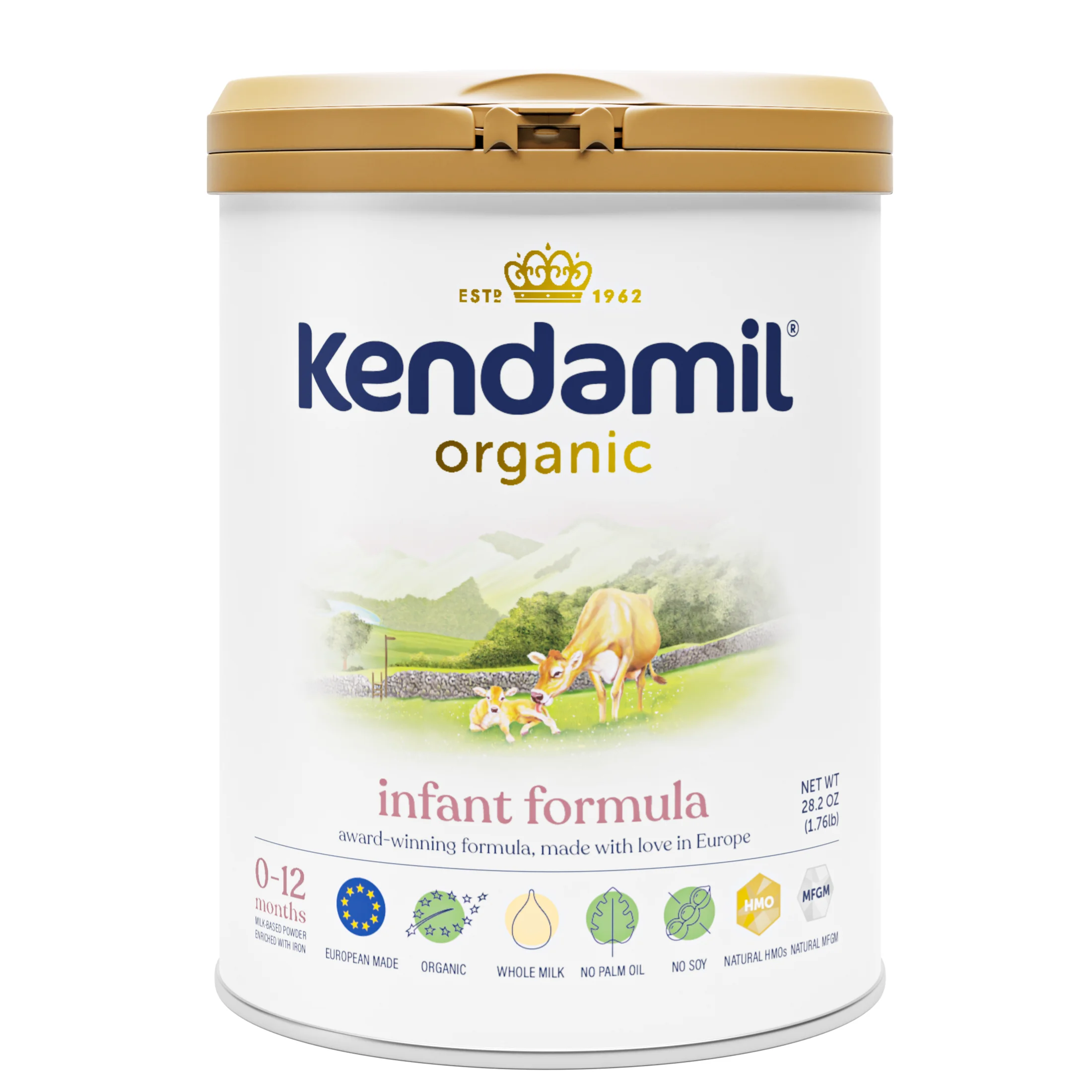 Kendamil Organic Whole Milk Baby Formula Powder, European with HMOs, Prebiotics, No Palm Oil or Added Soy, with DHA, Can, 28.2oz