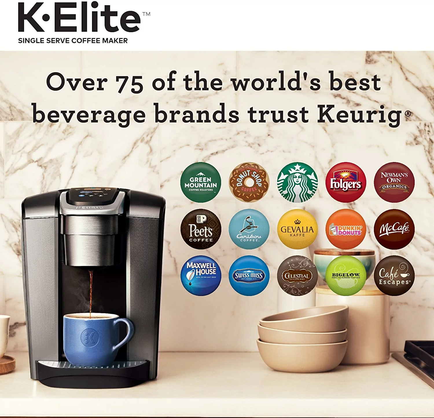 Keurig K-Elite Single Serve K-Cup Pod Coffee Maker, with Strong Temperature Control, Iced Coffee Capability, 12oz Brew Size, Programmable, Brushed Slate