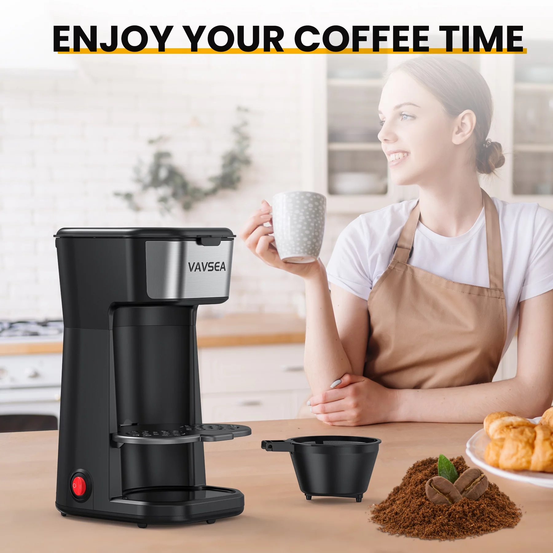 VAVSEA Single-Serve Coffee Maker Brewer with Thermal Travel Mug & Reusable Filter, 600W Coffeemaker for Ground Coffee