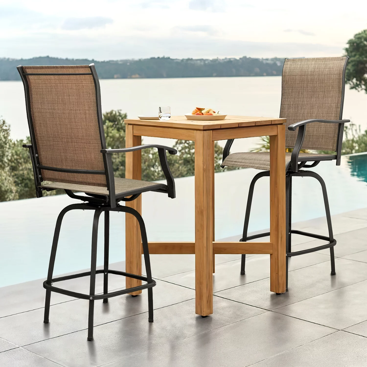 LACOO Patio Outdoor Bar Height Metal Bistro Chair and Table Set of Three, Tan