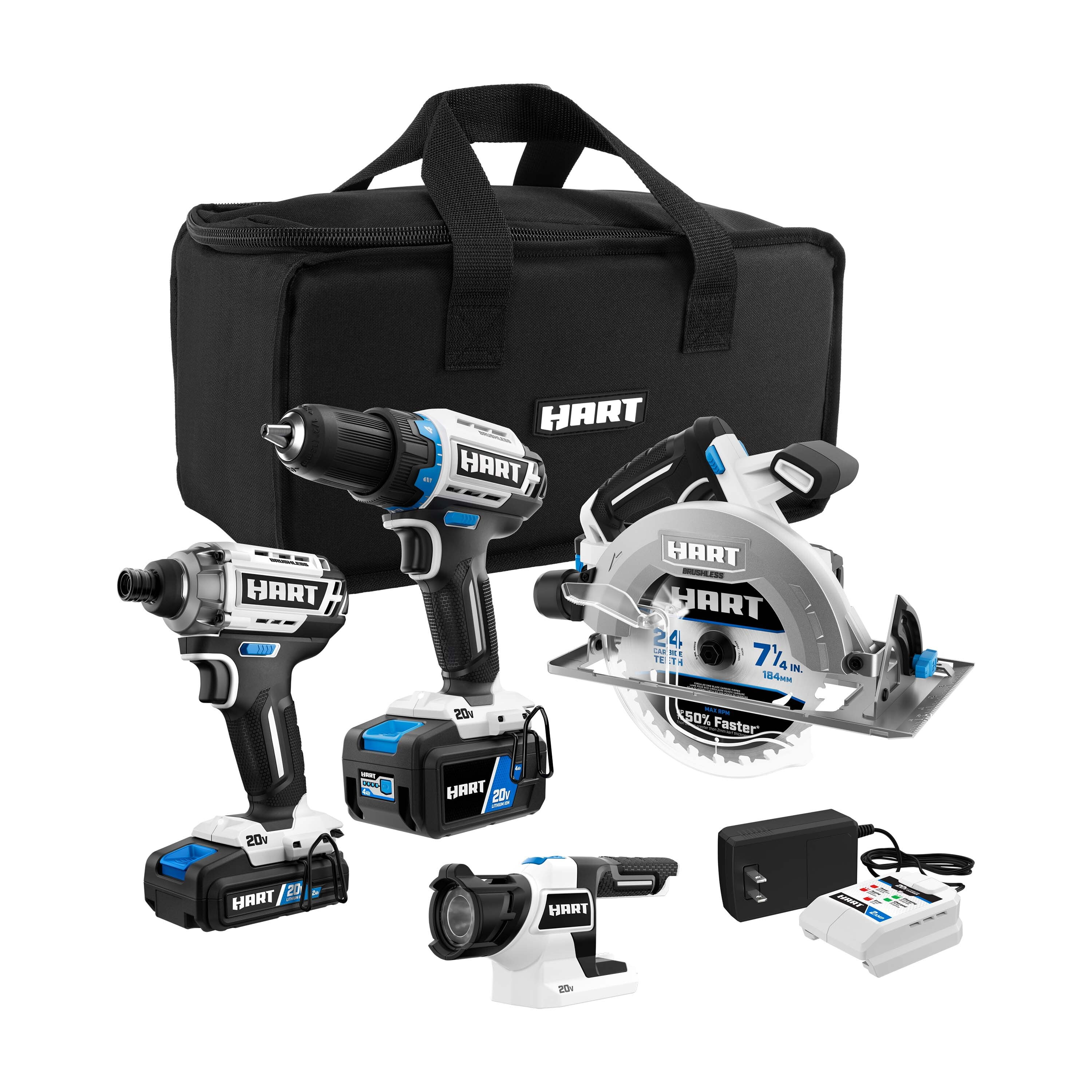 HART 20-Volt 4-Tool Brushless Combo Kit, (1) 2.0Ah Lithium-Ion Battery (1) 4.0Ah Lithium-Ion Battery