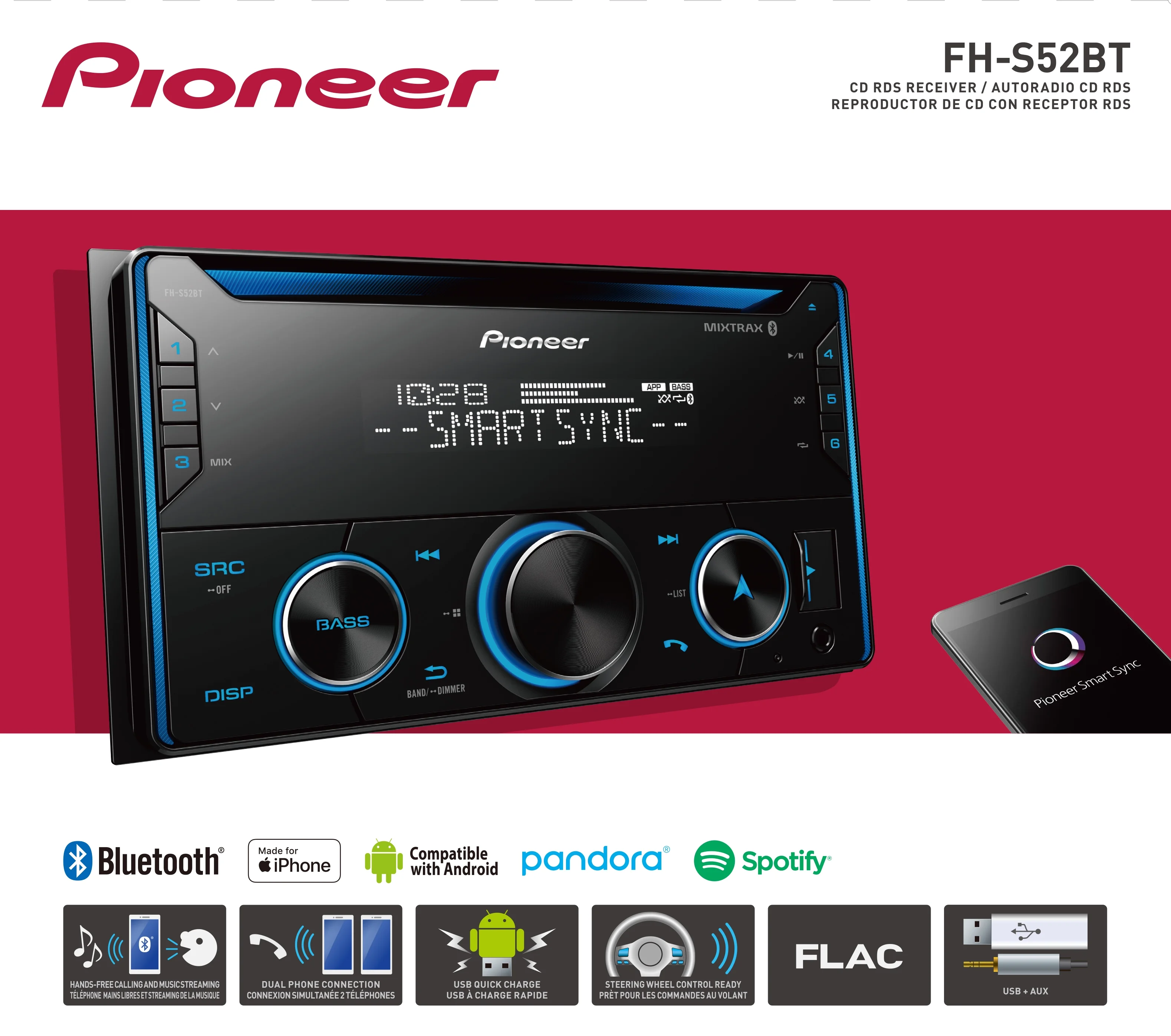 Pioneer FH-S52BT Double DIN Bluetooth Receiver