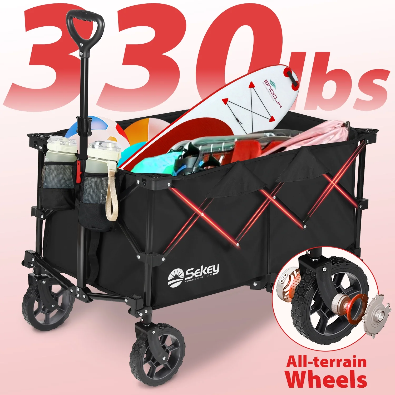 Sekey Heavy Duty Foldable Wagon with 330lbs Weight Capacity, 200L Collapsible Adjustable Handle Folding Garden Cart with Big All-Terrain Beach Wheels, Black