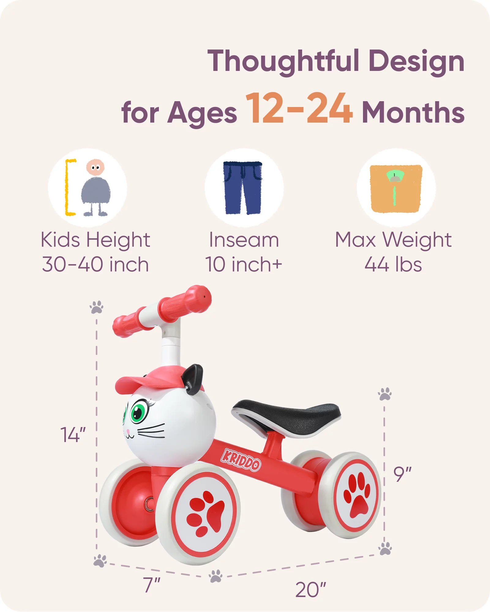 KRIDDO Baby Balance Bike for 1-2 Year Old Boy and Girl, Toddler Mini Bike for One Year Old First Birthday Gifts Baby Toys 12 Months to 2 Year Old Ride-on Toys Gifts Indoor Outdoor Balance Bike, Rabbit