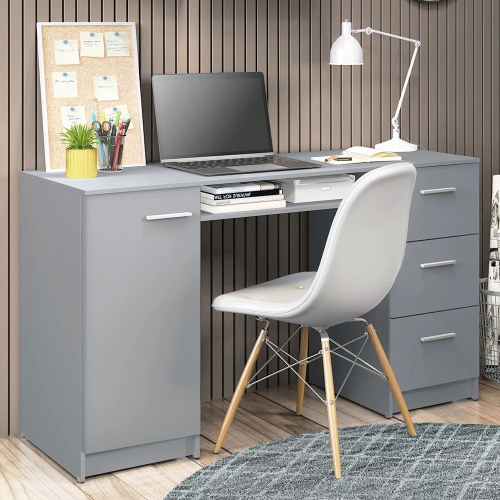 Madesa Modern Office Desk with Drawers 53 inch, Study Desk for Home Office, PC Table with 3 Drawers, 1 Door and 1 Storage Shelf (White)