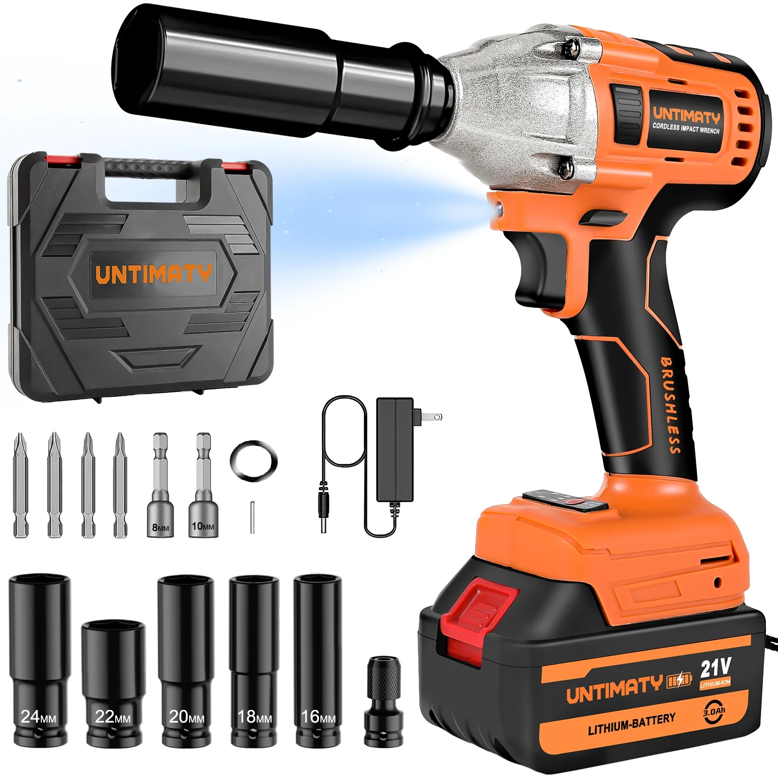 Cordless Impact Wrench, UNTIMATY 1/2 inch Brushless Impact Gun, Max Torque 350 Ft-lbs??450N.m?? Impact Wrench with 20V Brushless Motor, with 3.0Ah Li-ion Battery & 7 Sockets