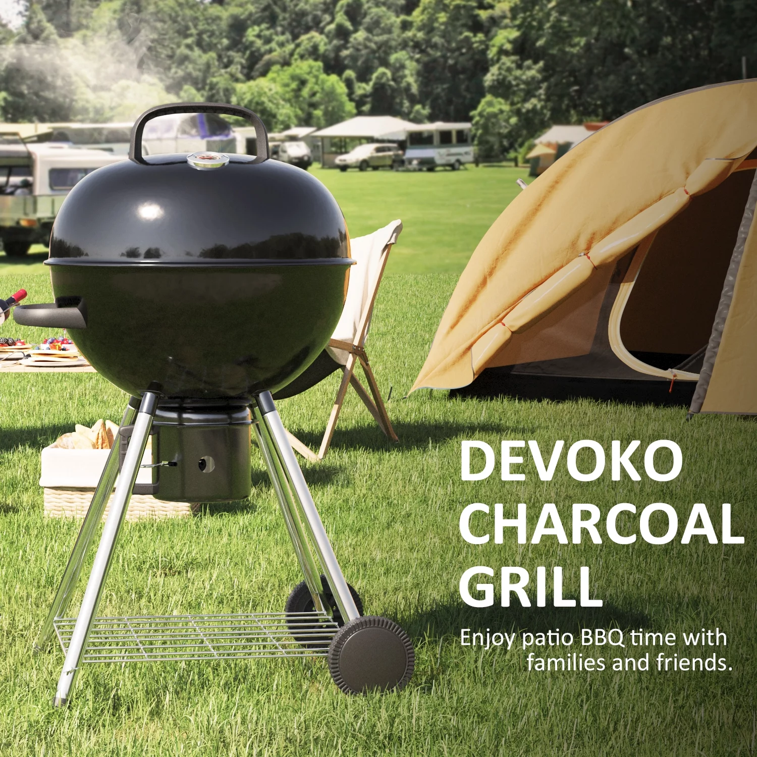 Devoko 29?? Barrel Outdoor Charcoal Grill with Side Shelf and Wheels, Black