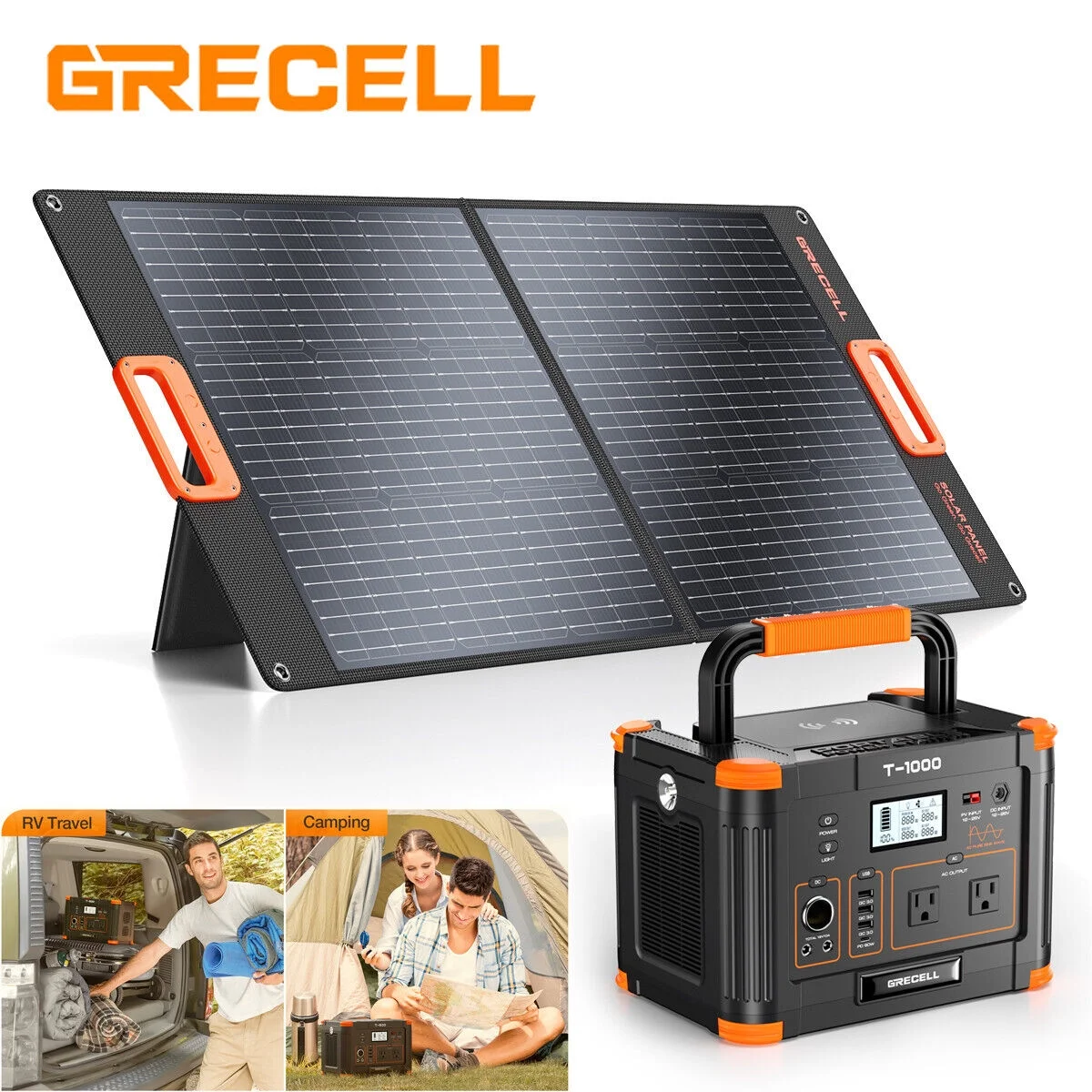 GRECELL 1000W Portable Power Station & 100W Foldable Solar Panel Outdoor IP68