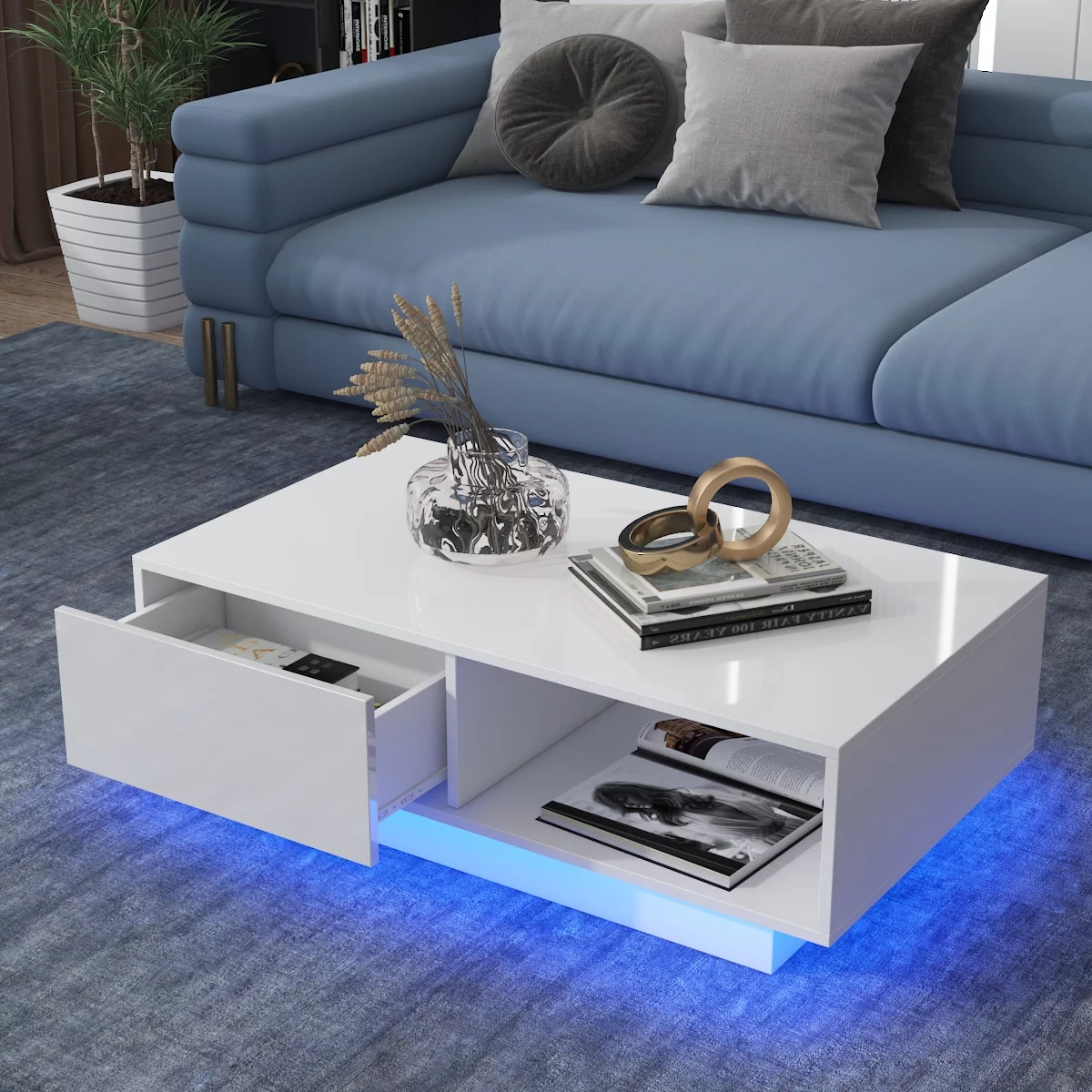 Hommpa LED Coffee Table Modern Side Tables High Gloss Black Cocktail Table with Drawer Open Shelf for Living Room