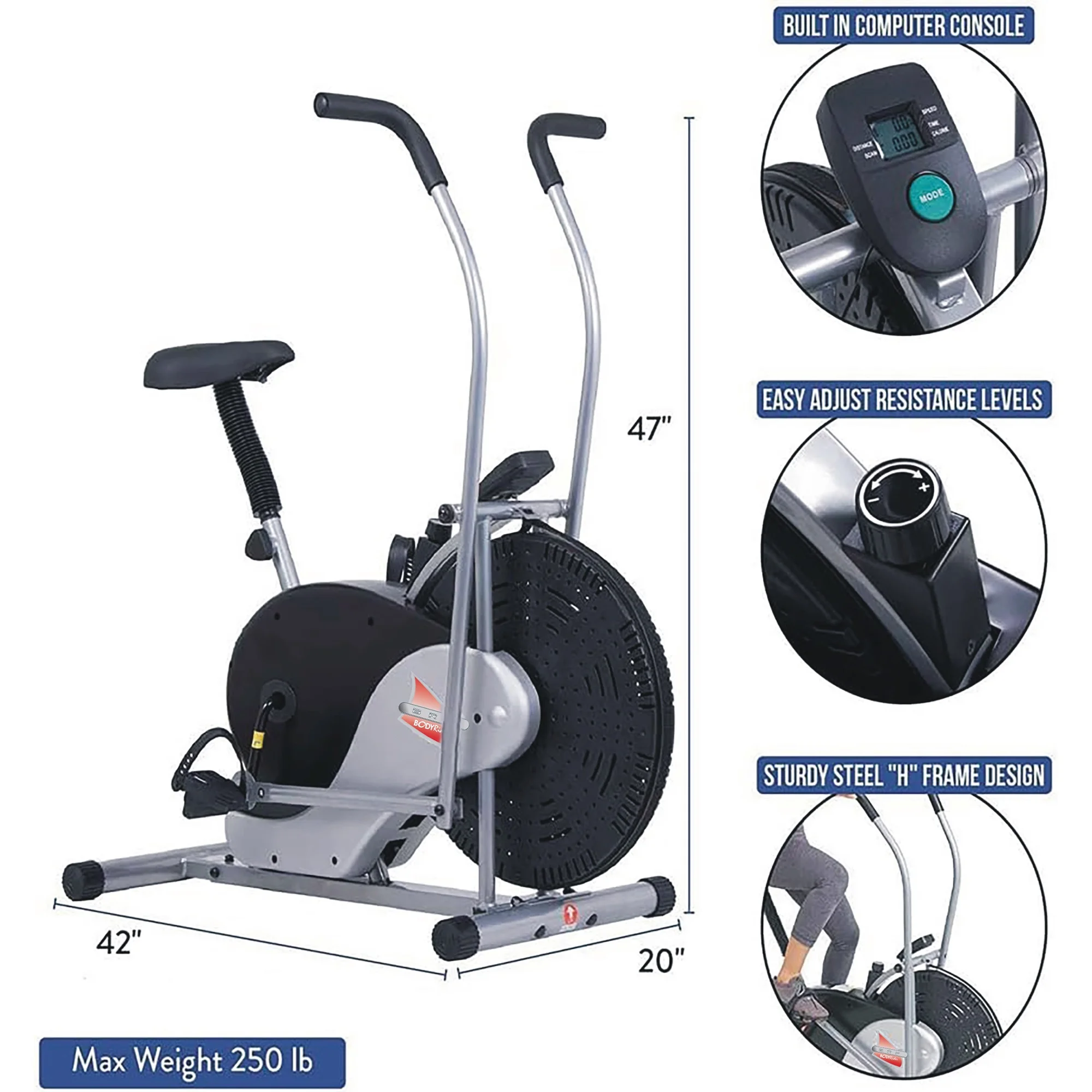 Body Rider Exercise Upright Stationary Fan Bike with Updated Softer and Adjustable Seat for Home Gym Cardio BRF700 with 250 lbs Max Weight Capacity