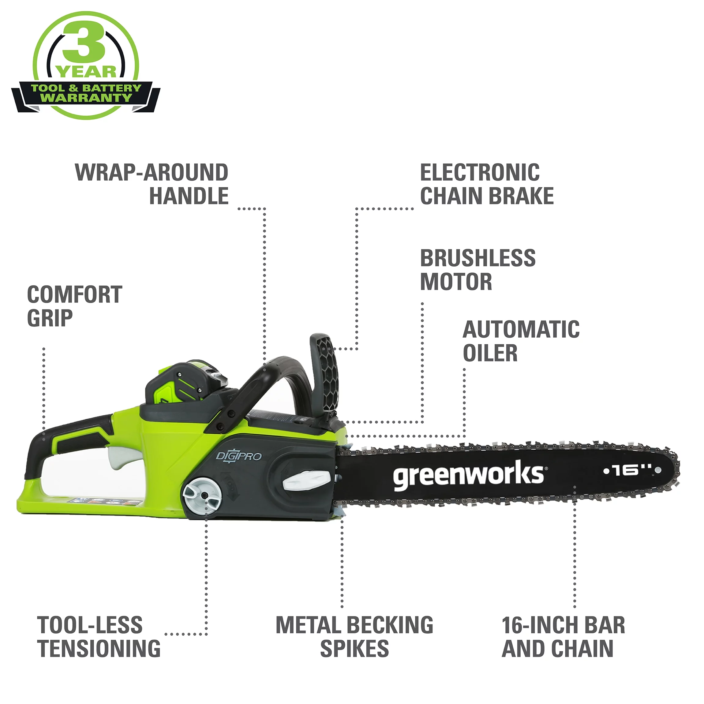 Greenworks GMax 40V 16 Inch Bar DigiPro Cordless Chainsaw (Battery Not Included)