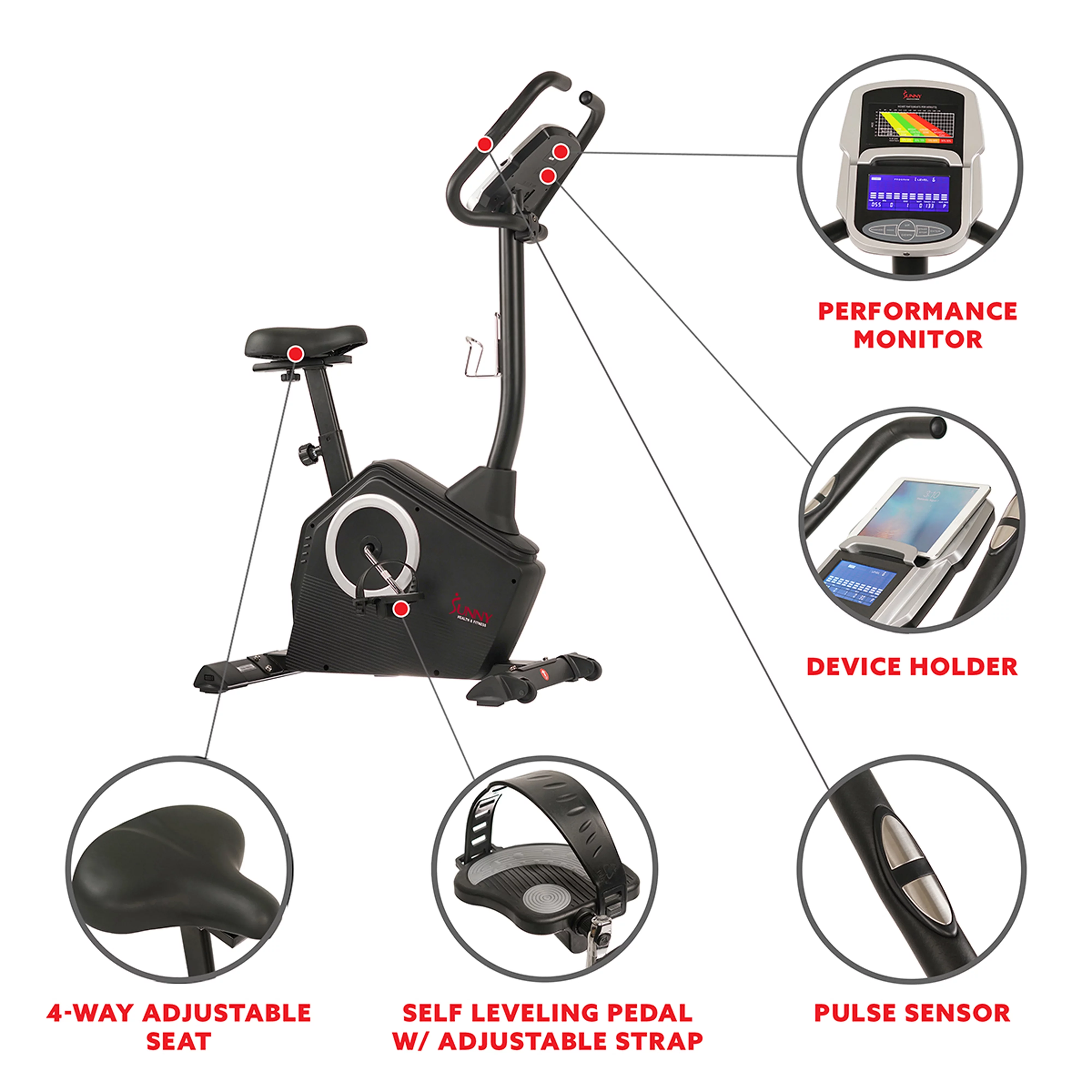 Sunny Health & Fitness Magnetic Upright Exercise Bike w/ LCD, Pulse Monitor, Stationary Cycling and Indoor Home Workouts SF-B2883