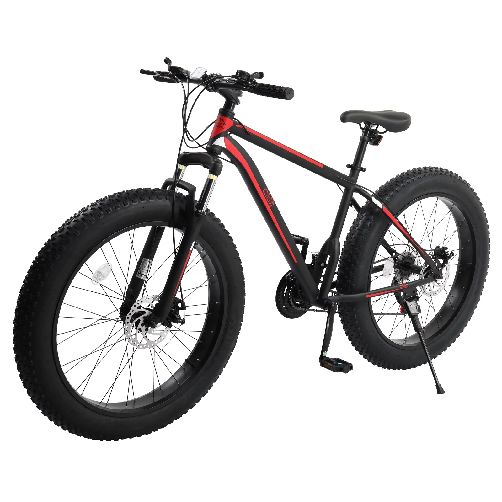 Zimtown 26″ Fat Tire Mountain Bike, 21 Speed with High Carbon Steel Frame, Double Disc Brake, Black,Red