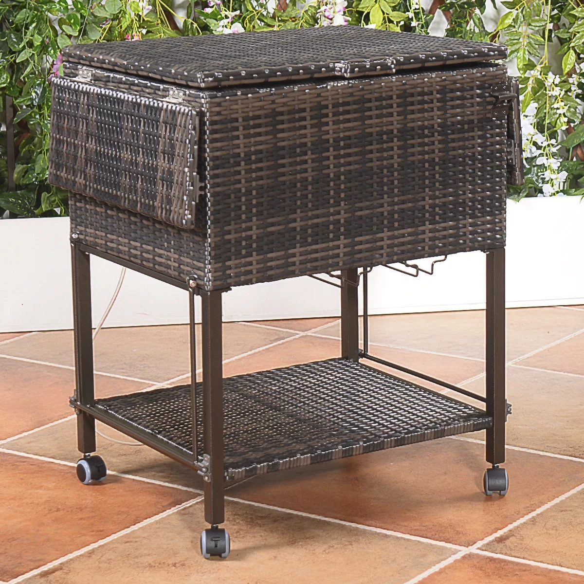 Patiojoy Outdoor Patio Rattan Wicker Cooler Cart Trolley Ice Drink Galvanize Steel