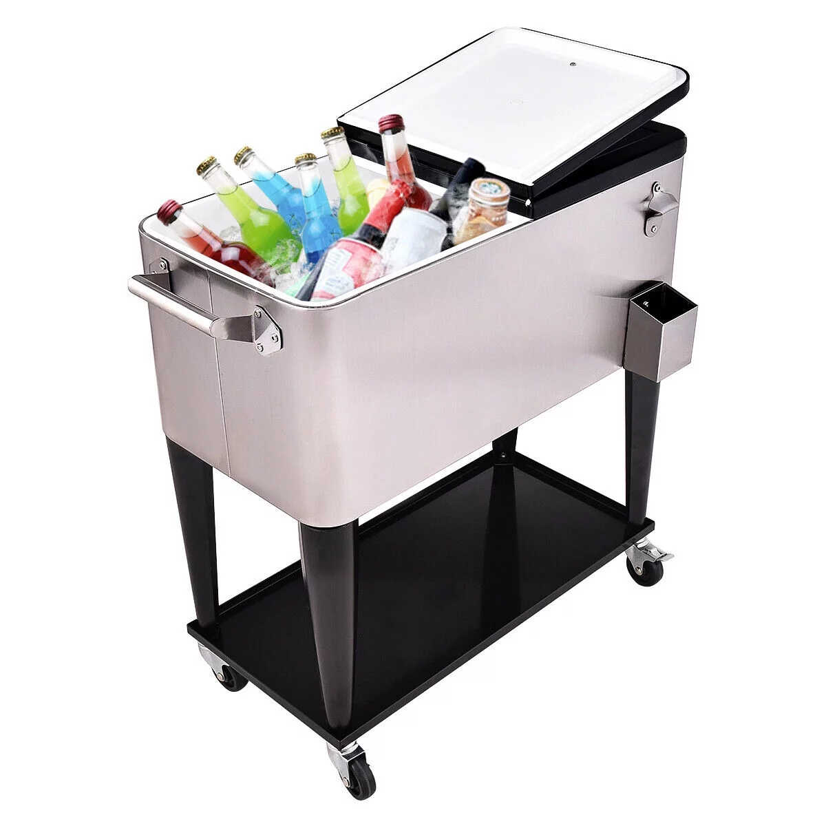 Costway Patio Cooler Rolling Outdoor Stainless Steel Ice Beverage Chest Pool 80 Quart