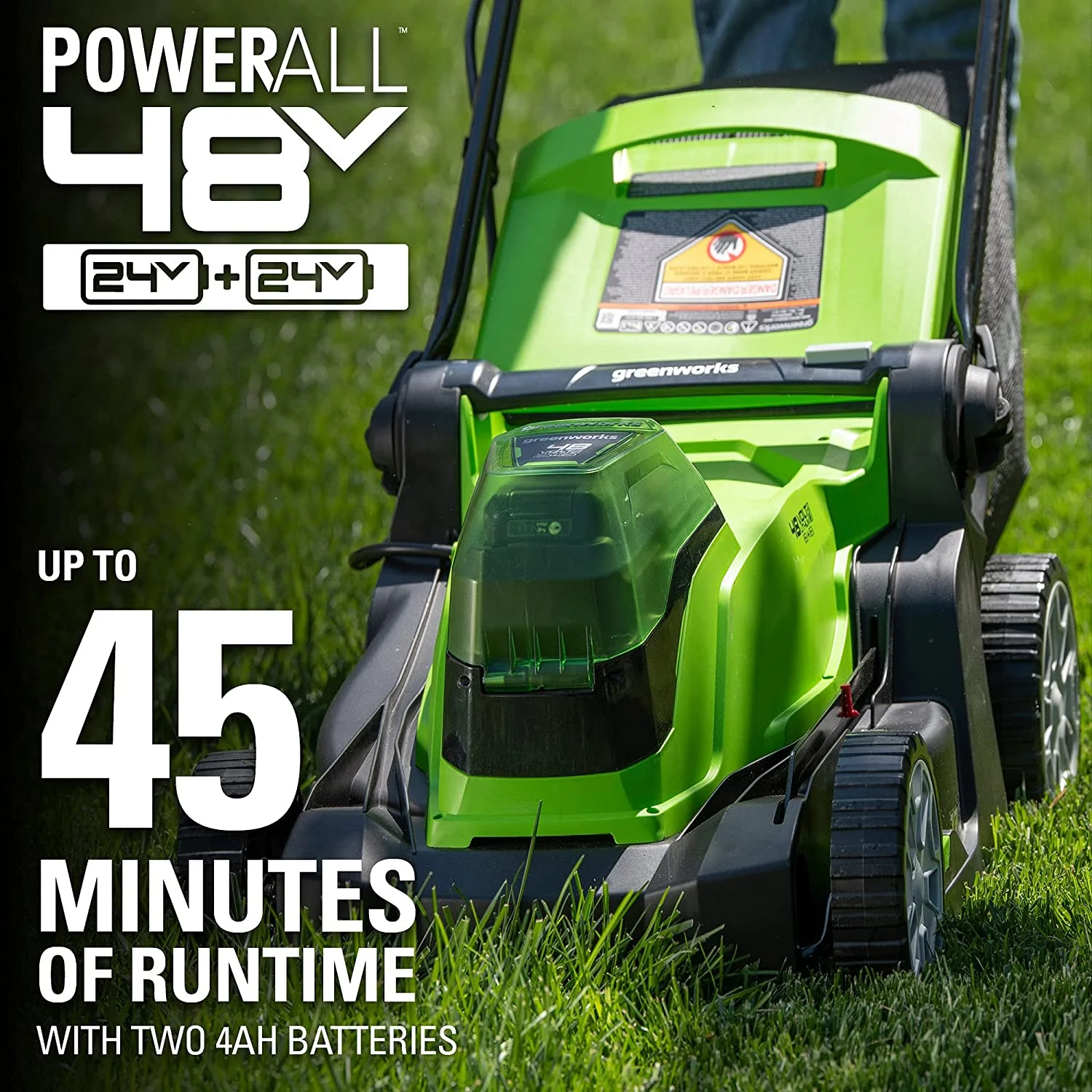 Greenworks 48V (2x24V) 17″ Battery-Powered Push Lawn Mower with 2 x 24V 4Ah Batteries & Dual Port Charger 2526302