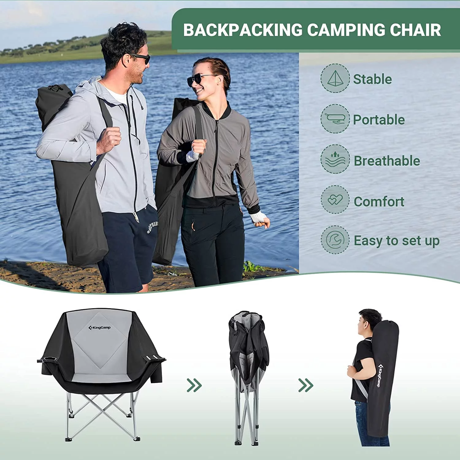 KingCamp Oversized Folding Camping Chair Portable Saucer Round Chairs Outdoor Padded Sofa Chair for Adult, Black