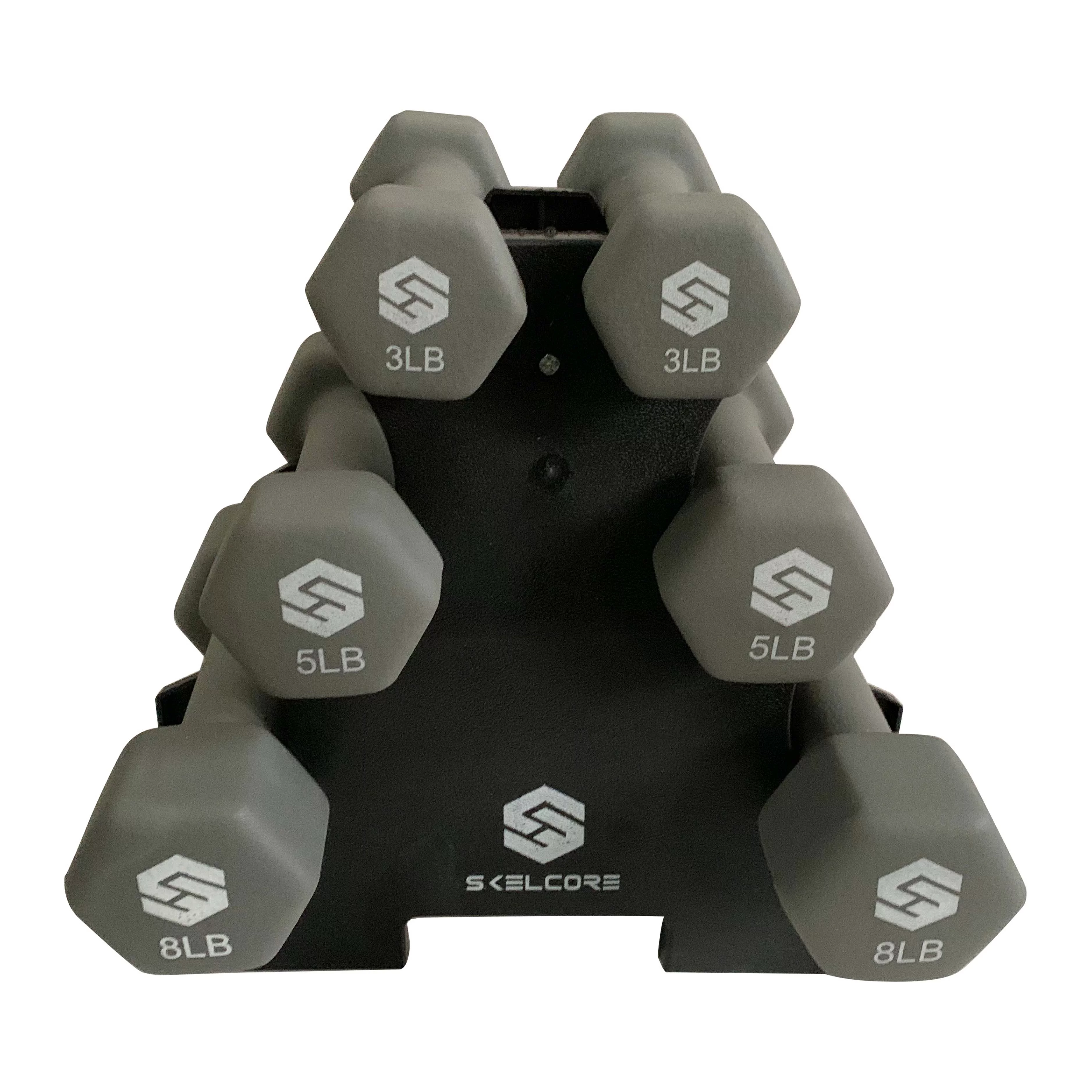 Skelcore Neoprene Dumbbell Set W/ Rack, Anti-roll Hex Weights (3lbs, 5lbs, 8lbs)